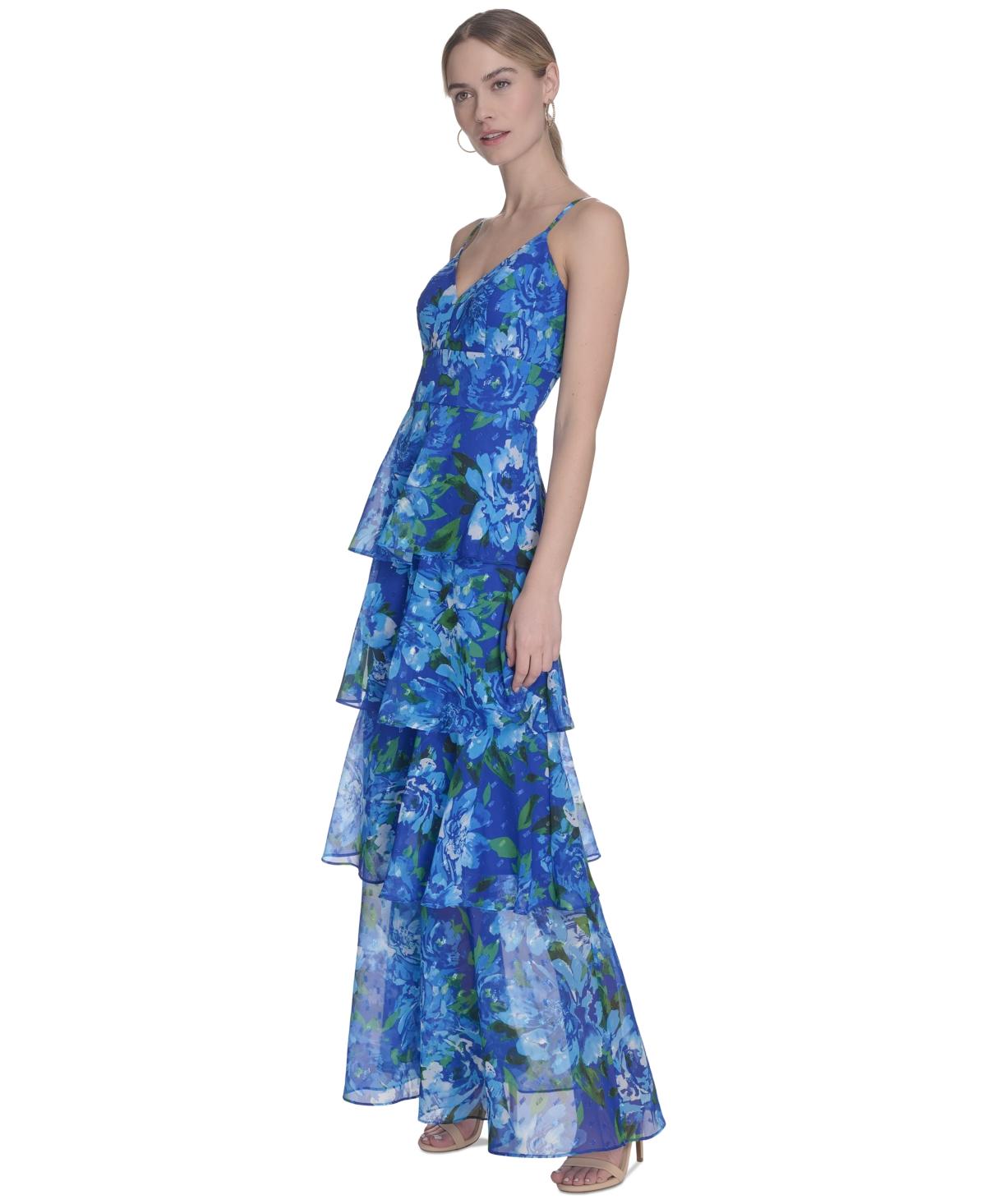 Eliza J Printed Chiffon Tiered Gown in Blue | Lyst