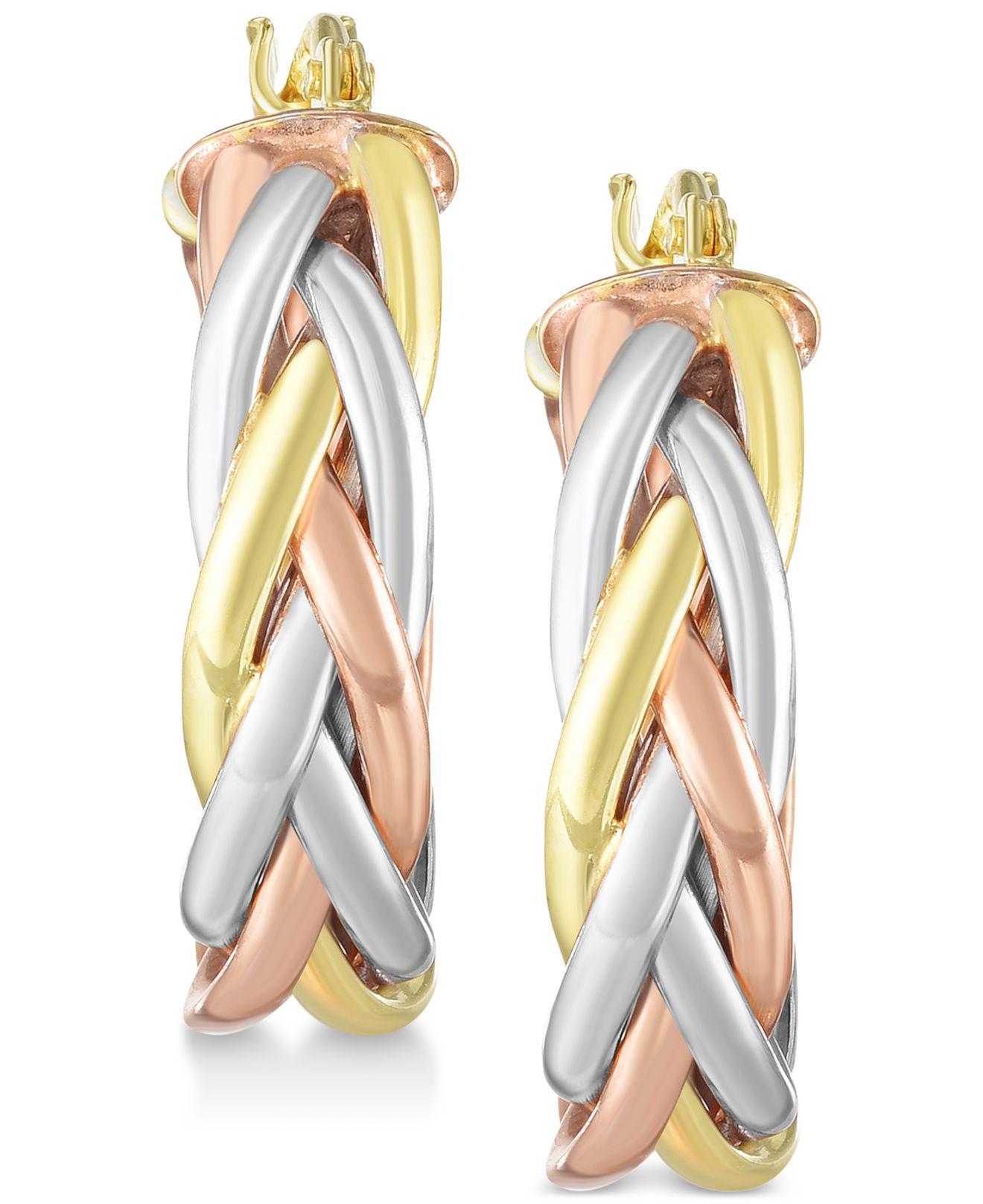 Tricolor Triple Braided Round Hoop Earrings Real 14K Yellow White Rose Gold