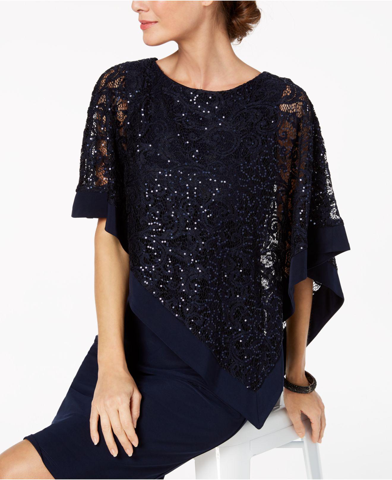 R & M Richards Sequined Lace Poncho Dress in Navy (Blue) - Lyst