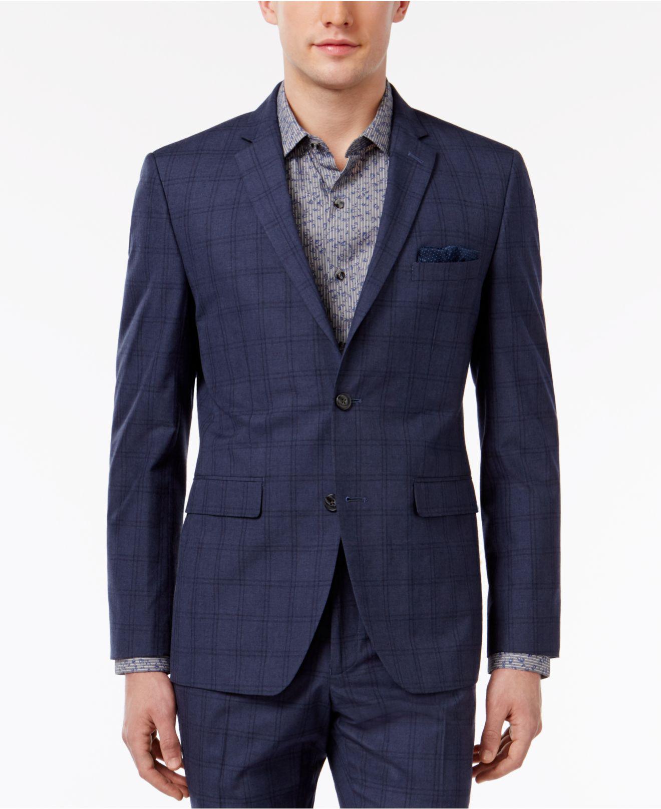 Perry Ellis Men's Extra Slim-fit Portfolio Denim Blue Windowpane ...