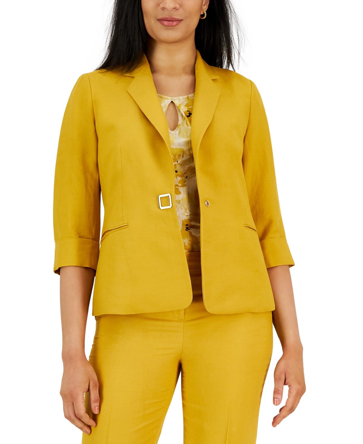 Kasper Linen-blend 3/4-sleeve Notch-lapel Blazer in Yellow