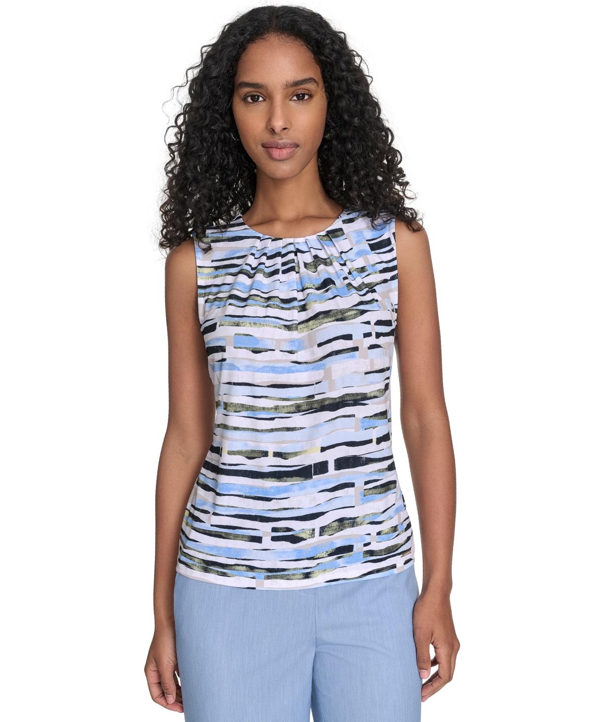 売れ筋商品|||カルバンクライン カットソー トップス レディース Petite Striped Pleated-Neck Top Light Sky Multi Calvin Klein Petite Striped Pleated-neck Top in Blue | Lyst