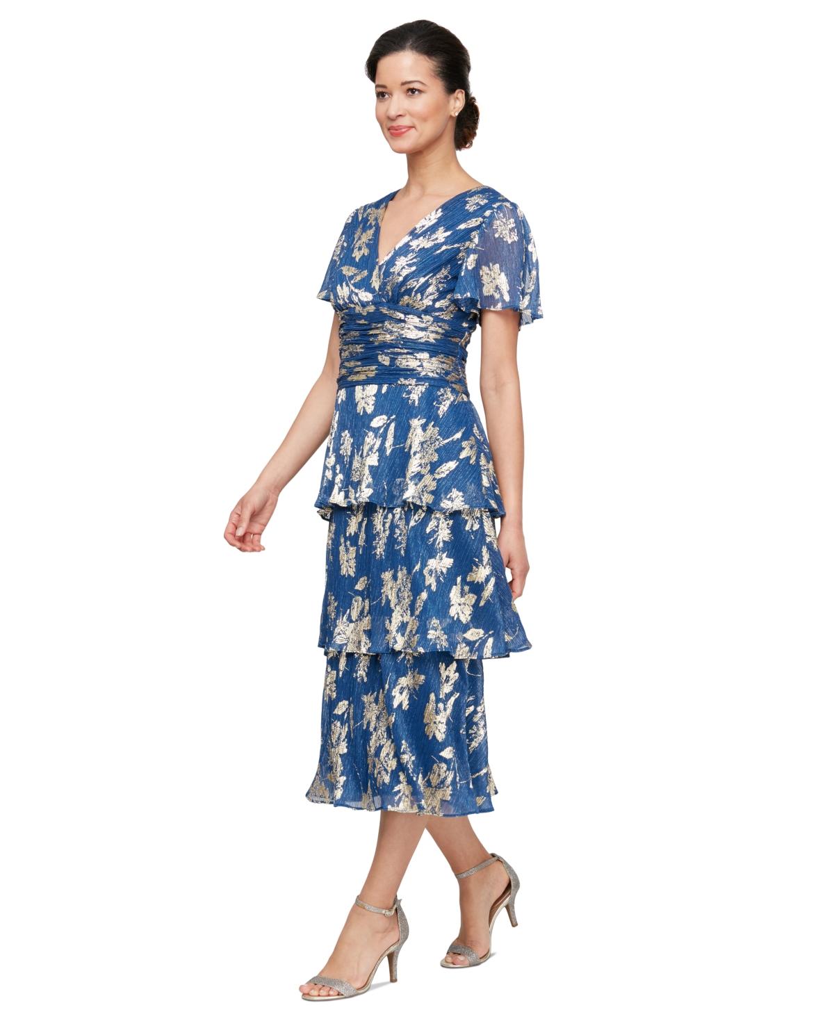 Sl Fashions Floral Surplice-neck Tiered Dress in Blue | Lyst