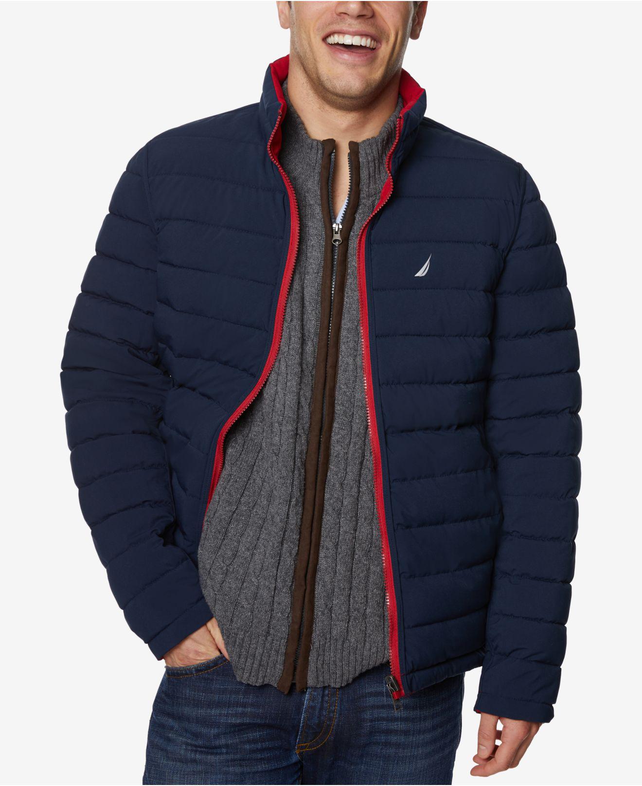Nautica Synthetic Midweight Stretch Reversible Puffer Jacket in Navy