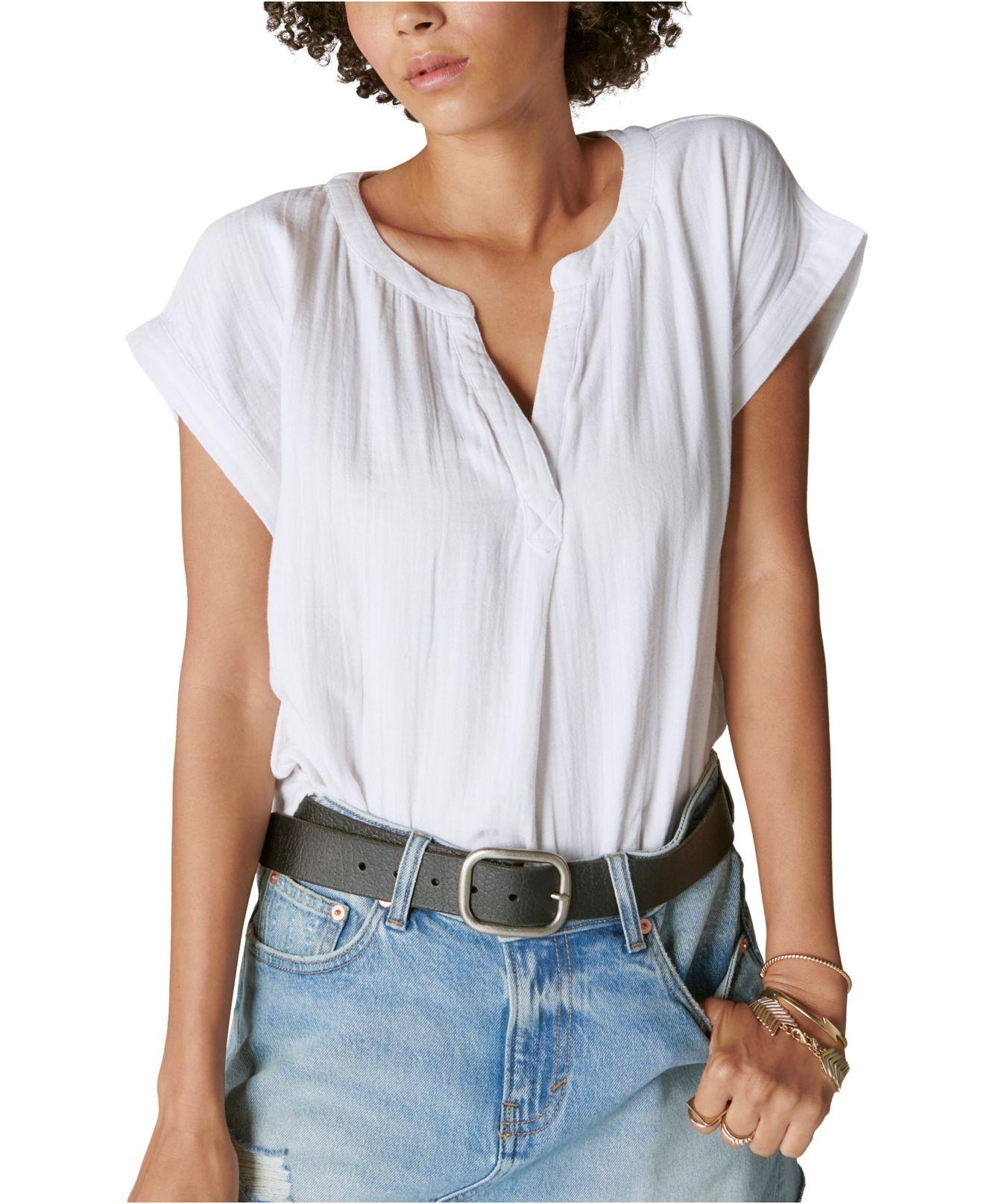 Lucky Brand Short-sleeved Cotton Popover Shirt in White