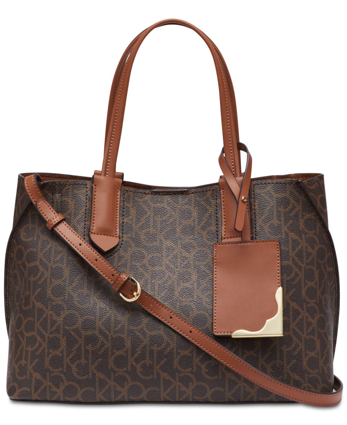 Calvin Klein Jacky Monogram Tote (Brown/Khaki/Luggage Saffiano) Tote Handbags Lyst