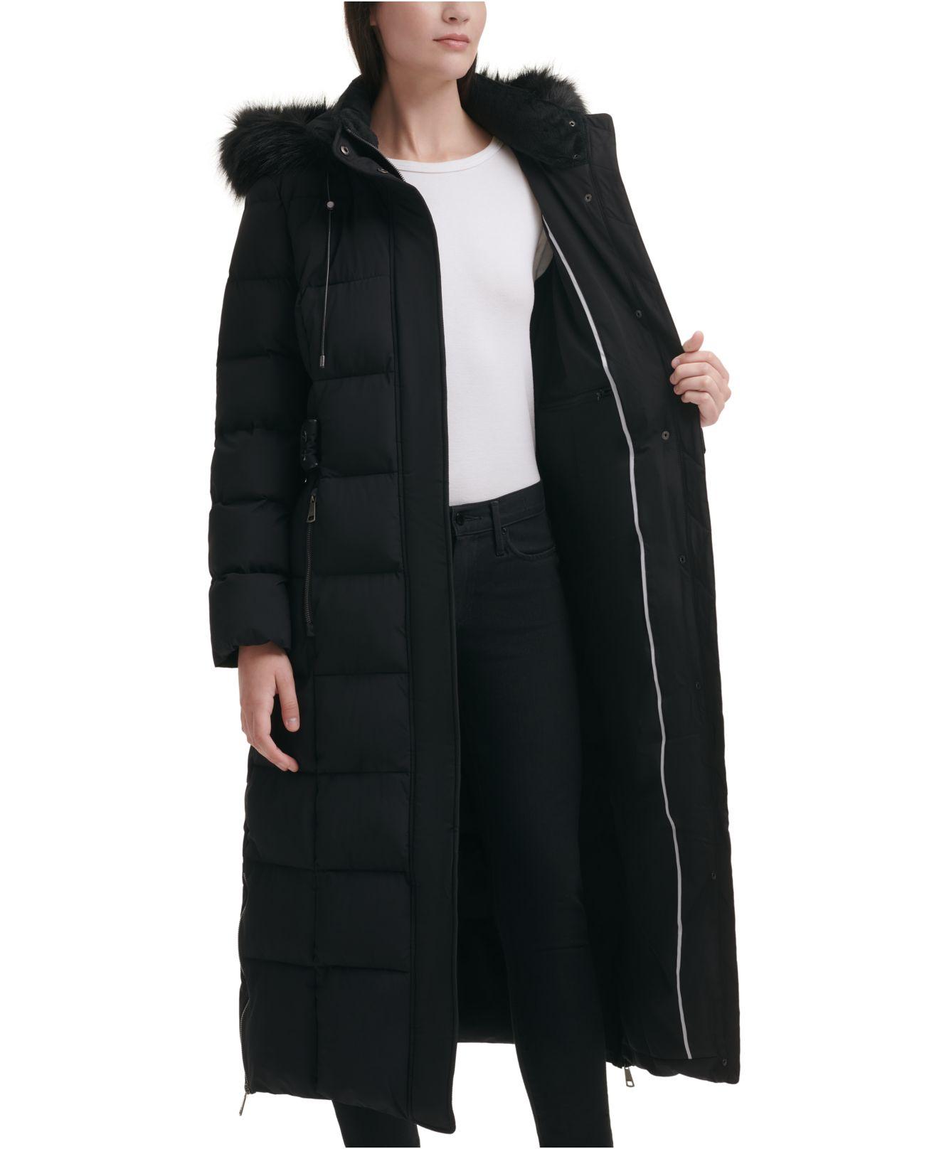 DKNY Stretch Faux-fur-trim Hooded Maxi Puffer Coat in Black | Lyst