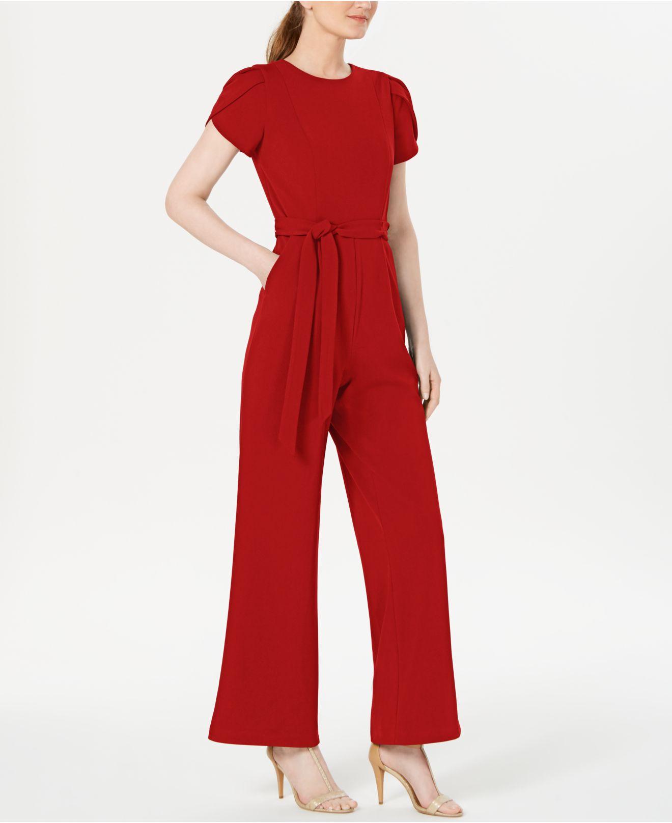 Calvin Klein Belted Puff sleeve Jumpsuit in Red Lyst