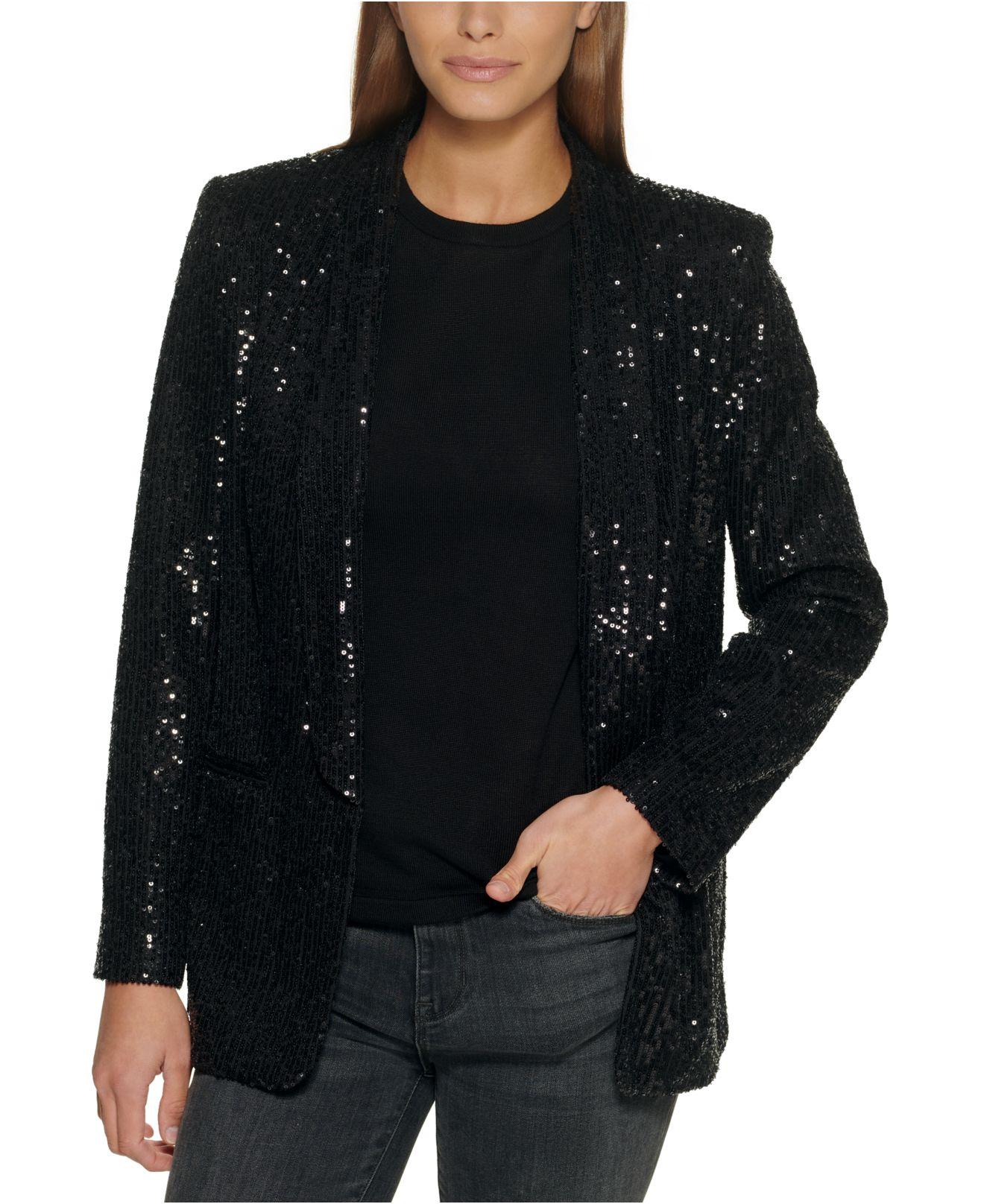 DKNY Sequined Shawl-collar Open-front Jacket in Black | Lyst