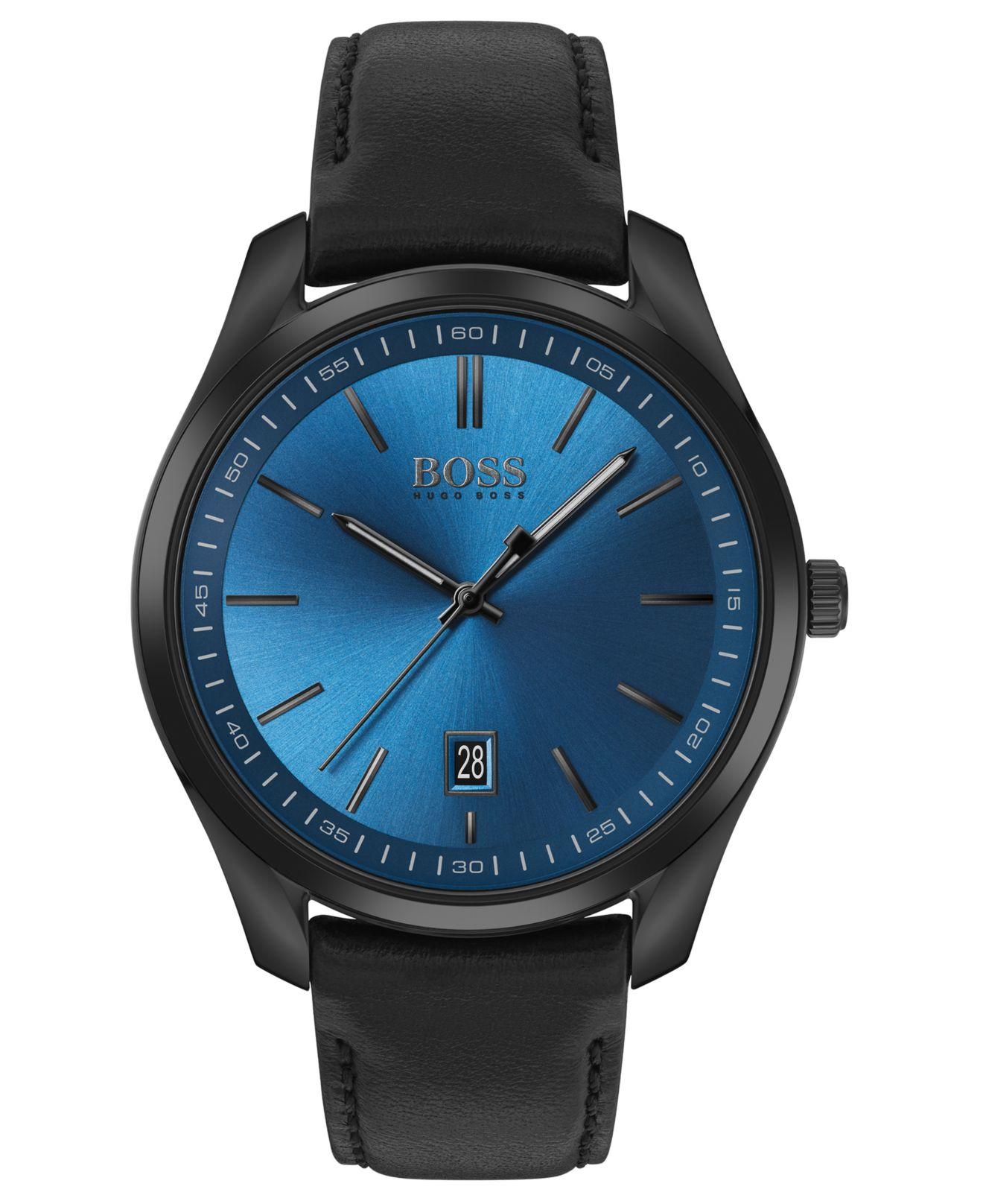 BOSS by Hugo Boss Leather Black-plated Watch With Blue Sunray-brushed ...