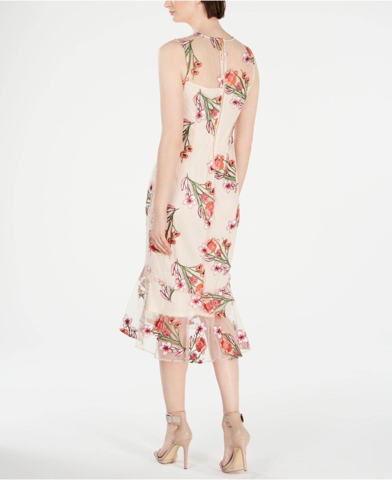calvin klein floral embroidered trumpet midi dress