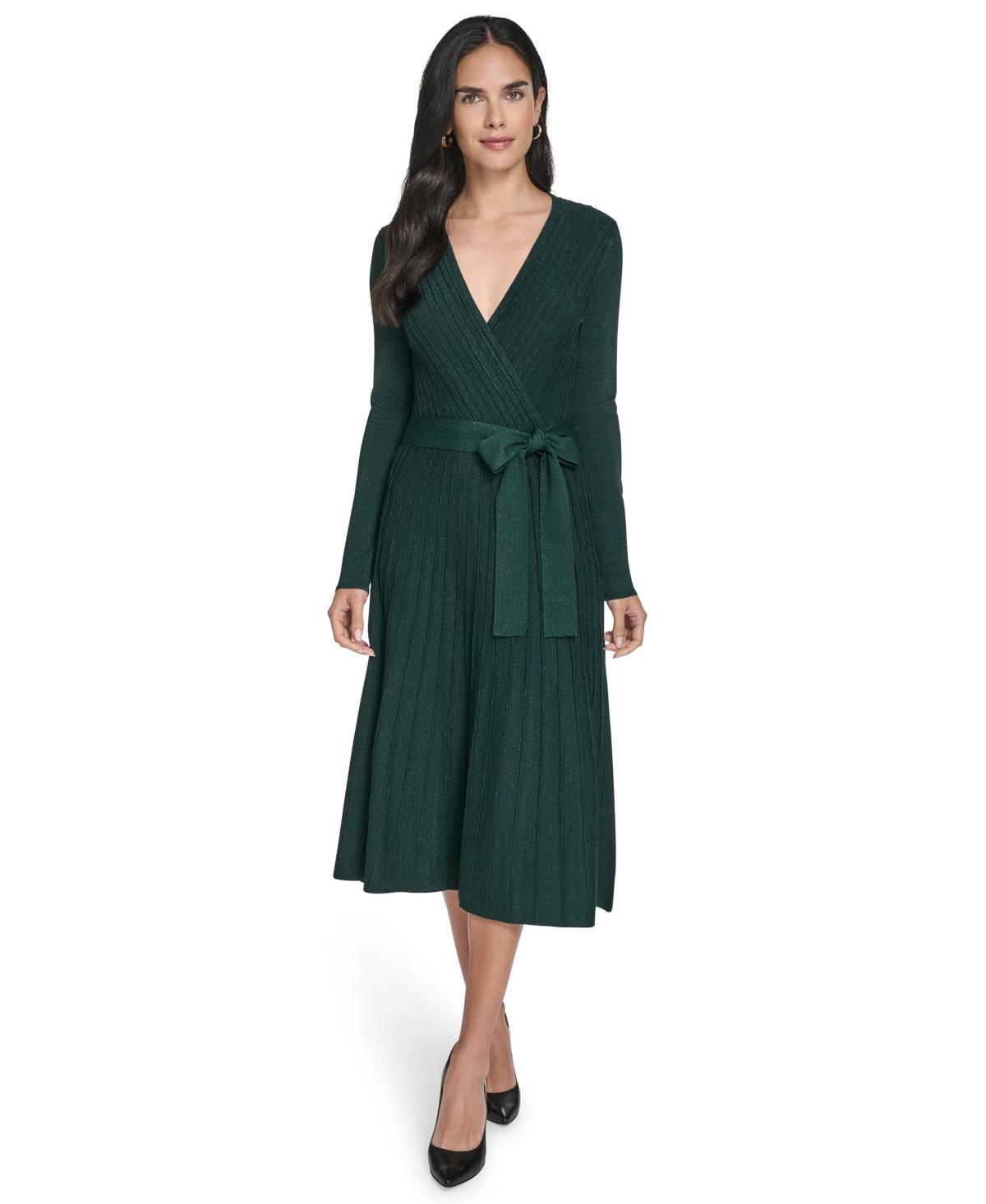 Jessica Howard Petite Long Sleeve Wrap Bodice Fit And Flare Midi Dress in  Green | Lyst
