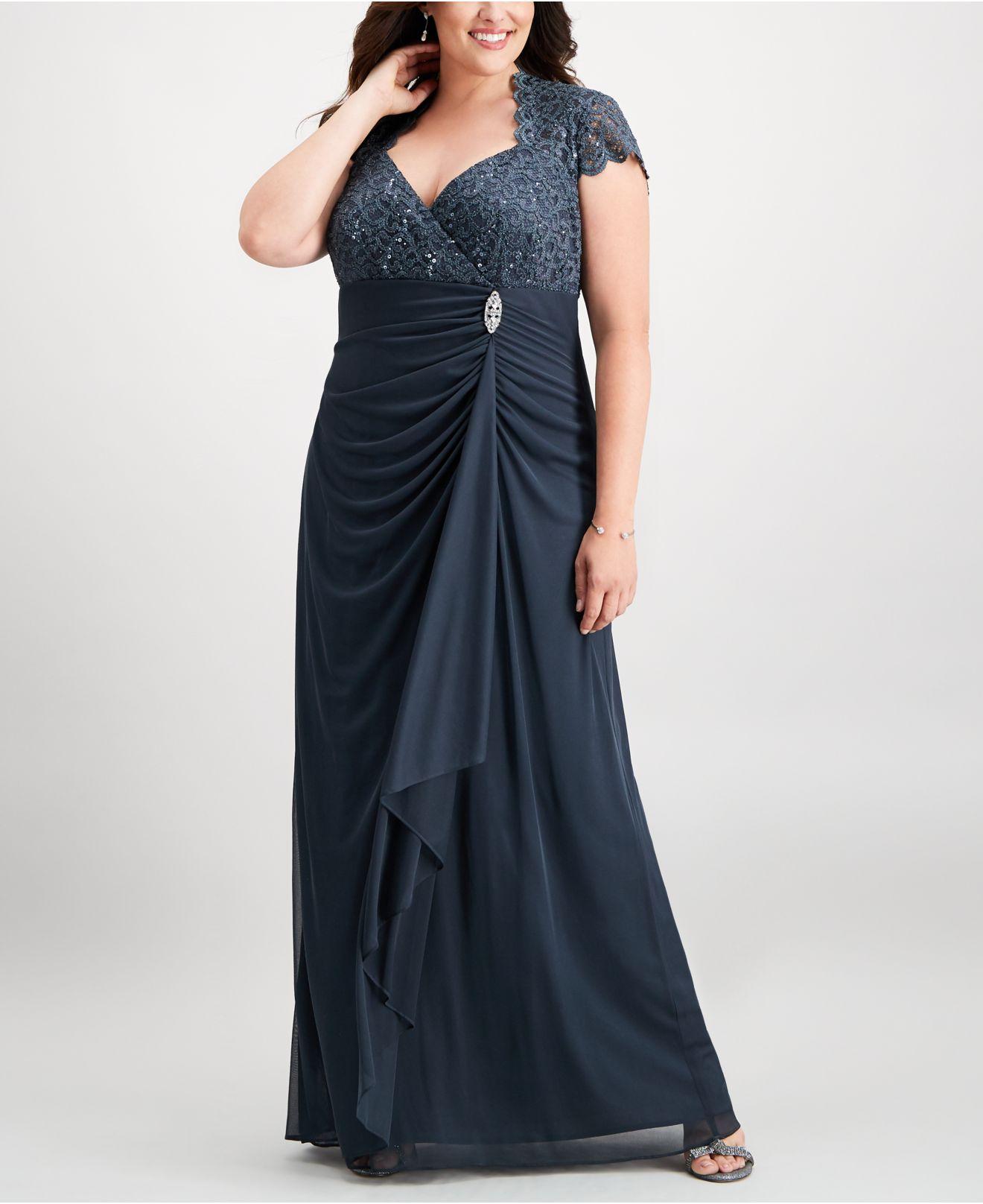 Betsy & Adam Plus Size Sequined-lace Ruched Gown in Charcoal Gray (Blue ...