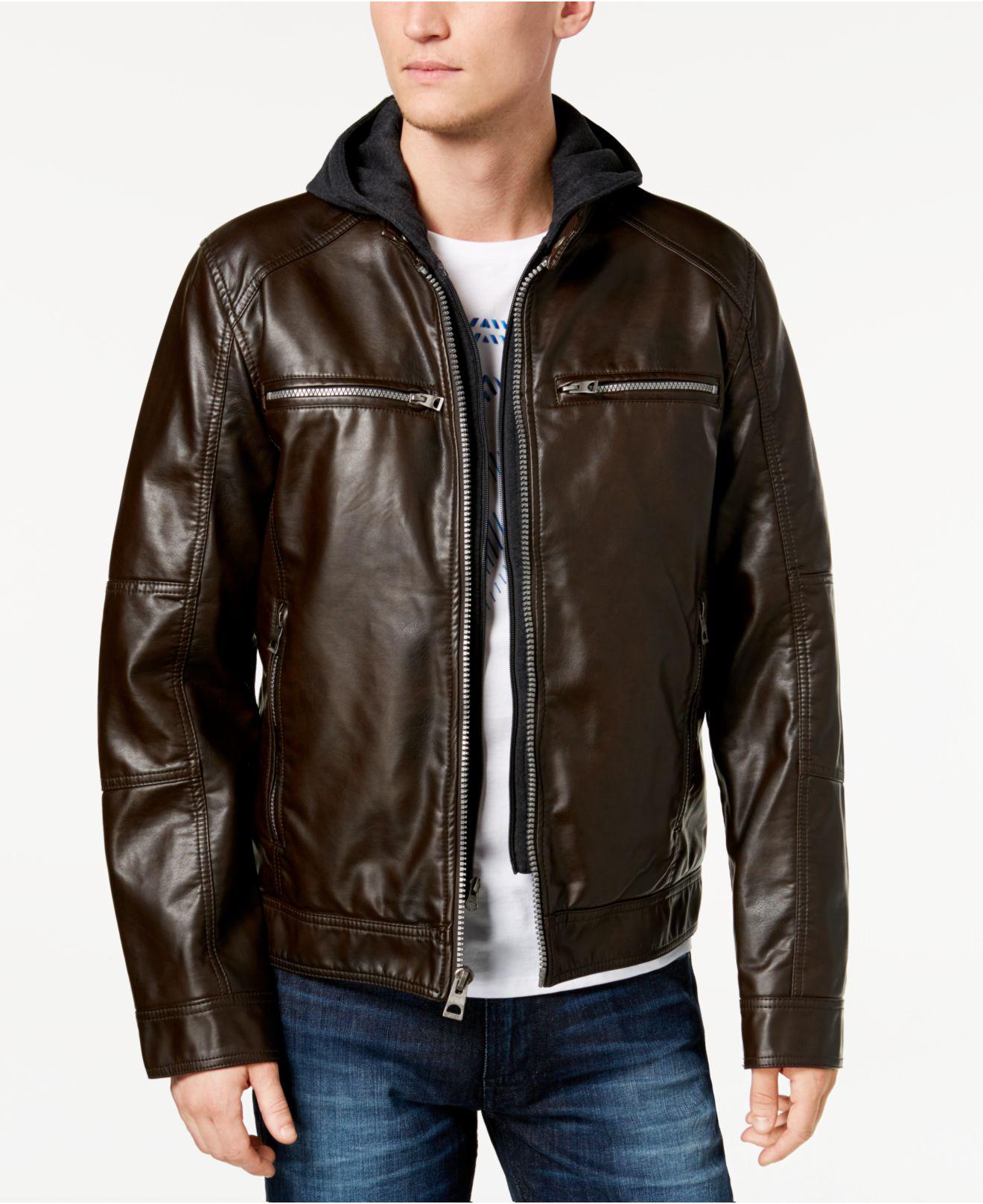 Guess Men's Faux-leather Detachable-hood Motorcycle Jacket in Dark ...