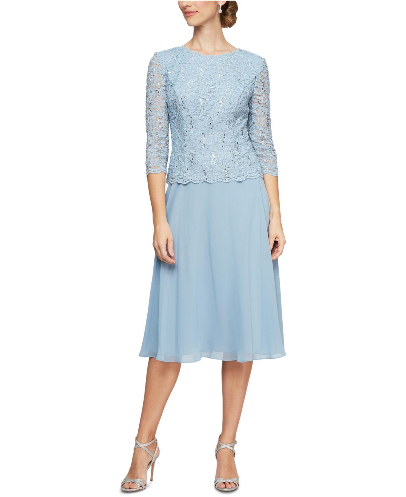 Alex Evenings Sequined Lace Contrast Dress in Sky Blue (Blue) - Lyst