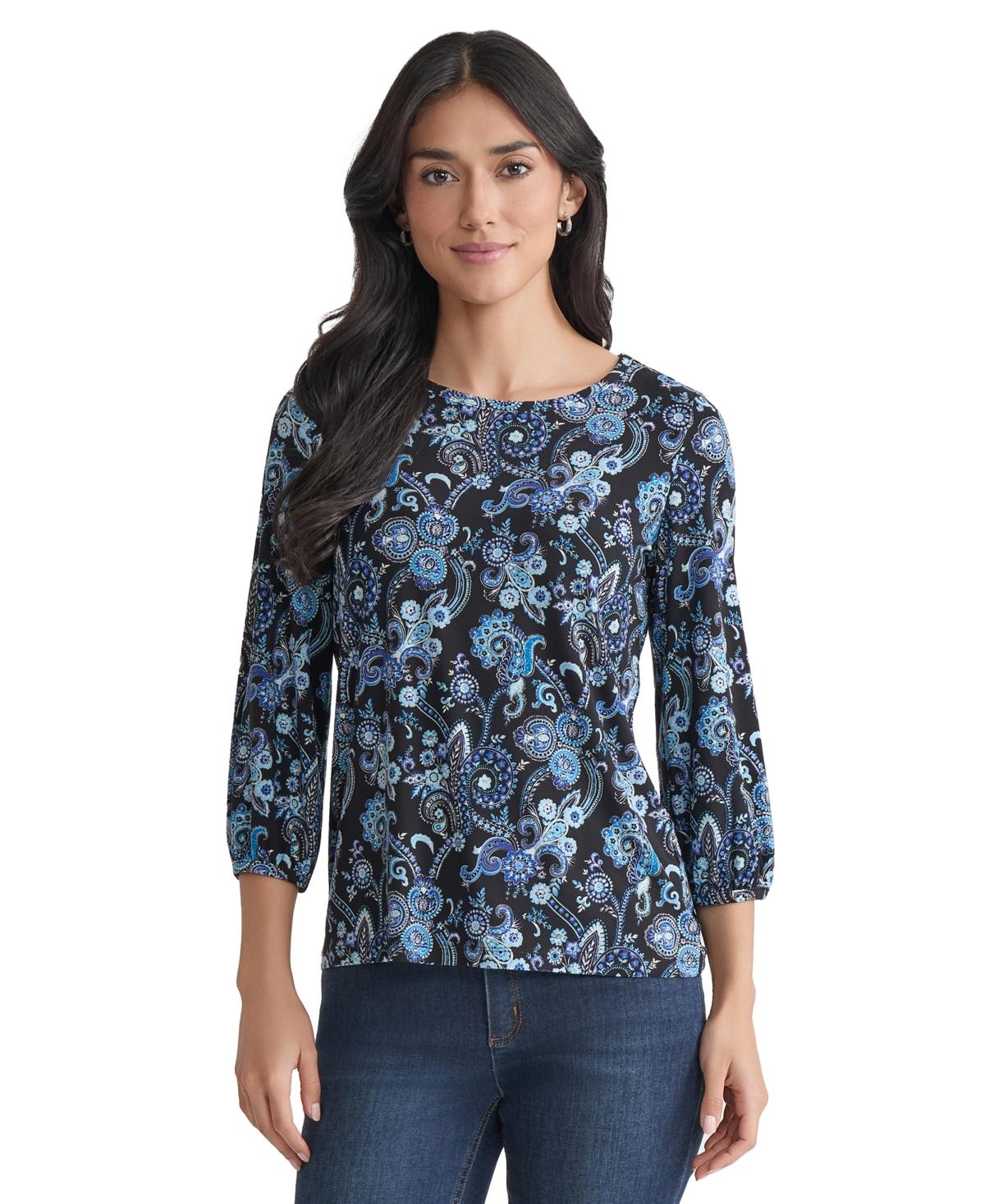 売れ筋商品|||ジョーンズニューヨーク カットソー トップス レディース Women's Printed Blouson Noodle Top Jones Black Multi Jones New York V-Neck 3/4 Sleeve Printed Blouse | Dillard's
