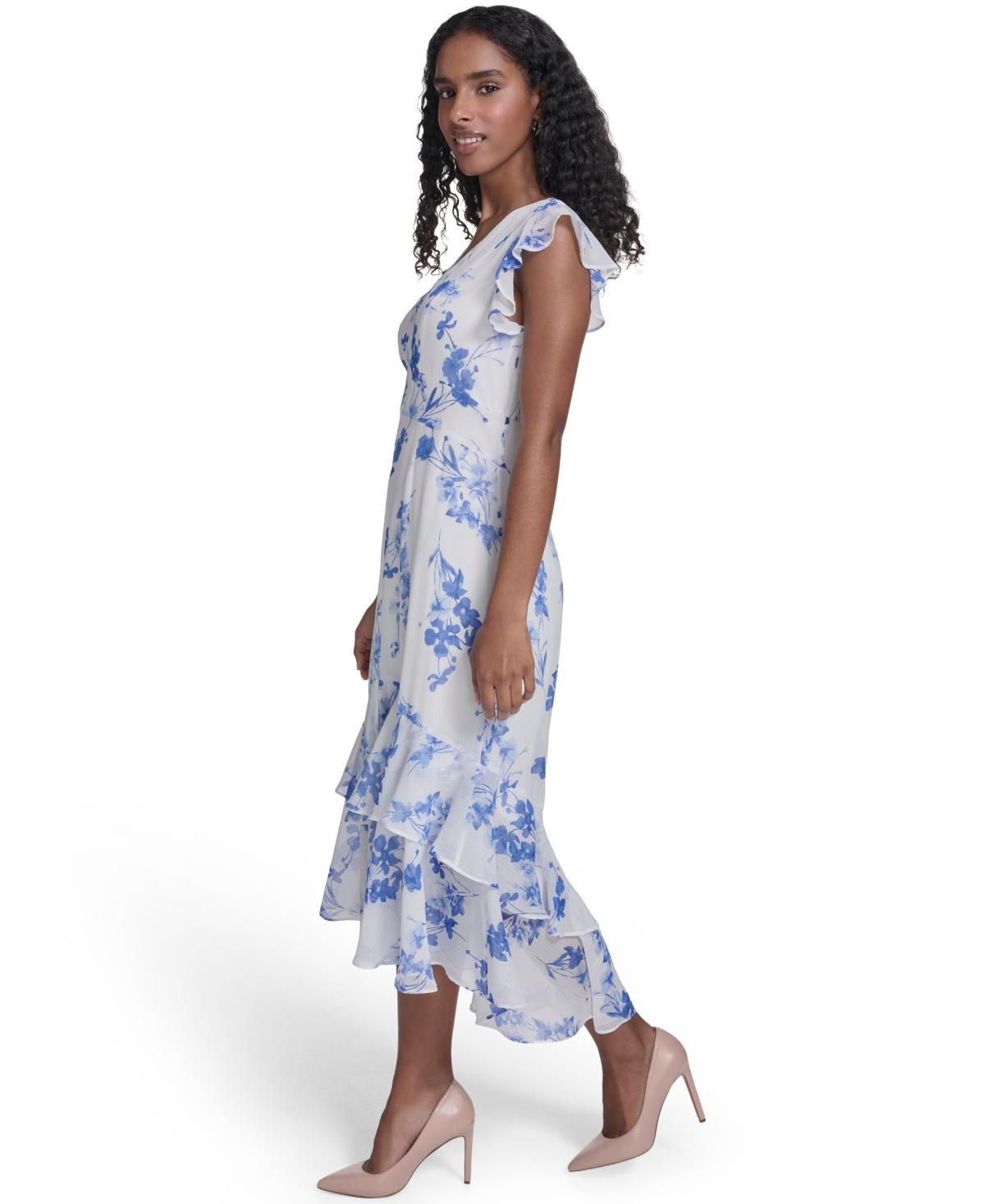 sachin and babi light blue dress Tommy Hilfiger Flutter Sleeve Floral Chiffon Midi Dress
