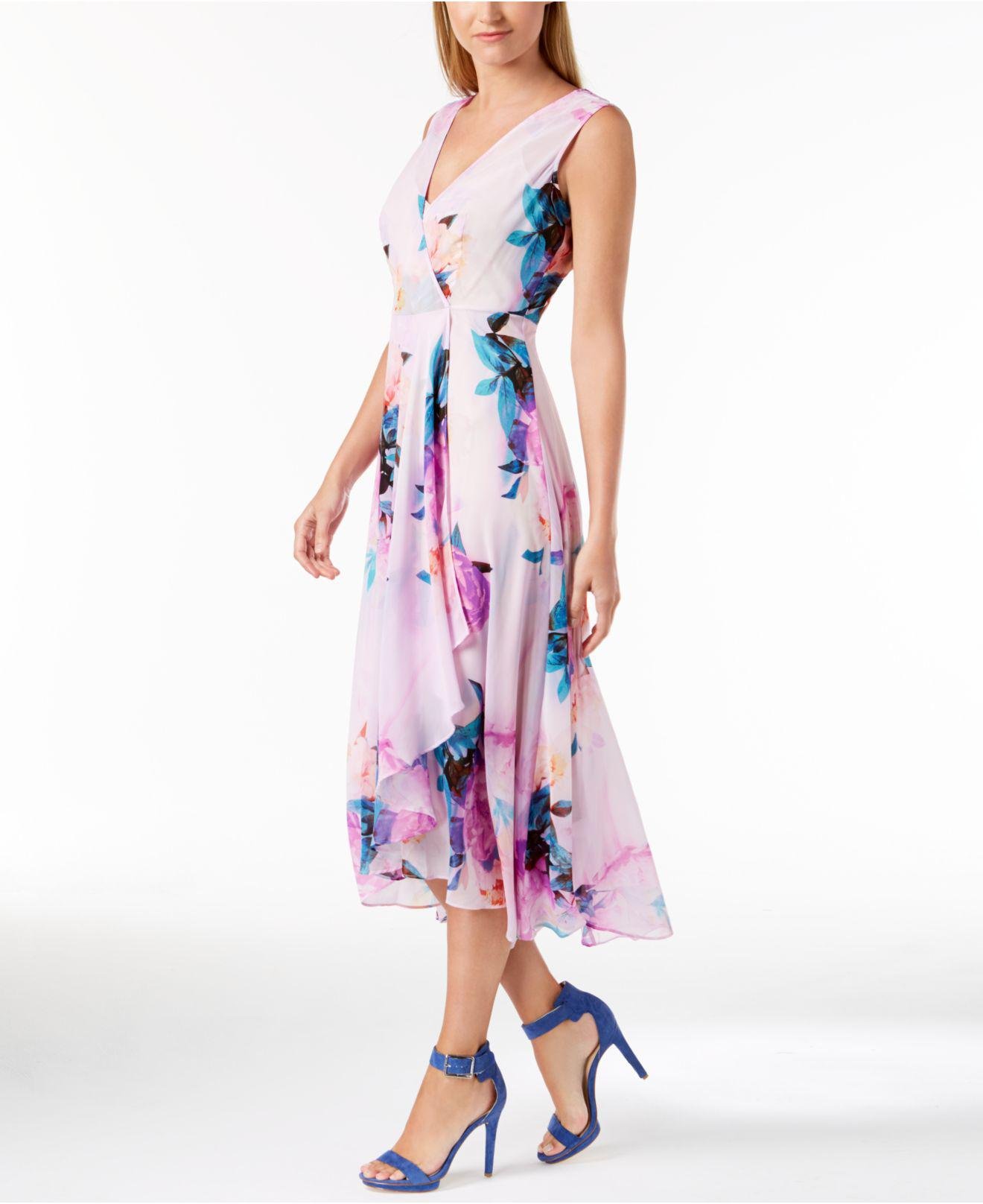 Calvin Klein Floral-print Surplice Dress in Purple | Lyst