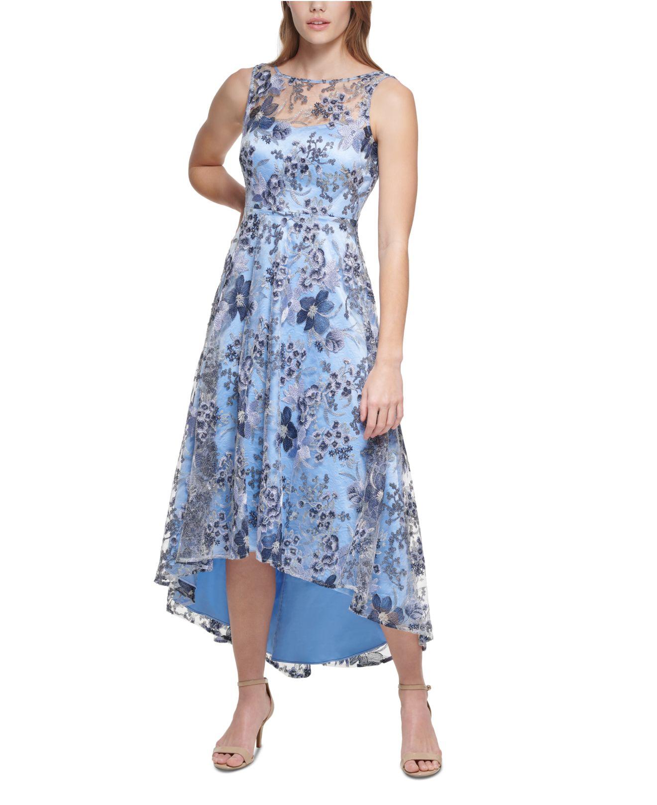 Eliza J Illusion-yoke Embroidered Lace High-low Dress in Blue | Lyst