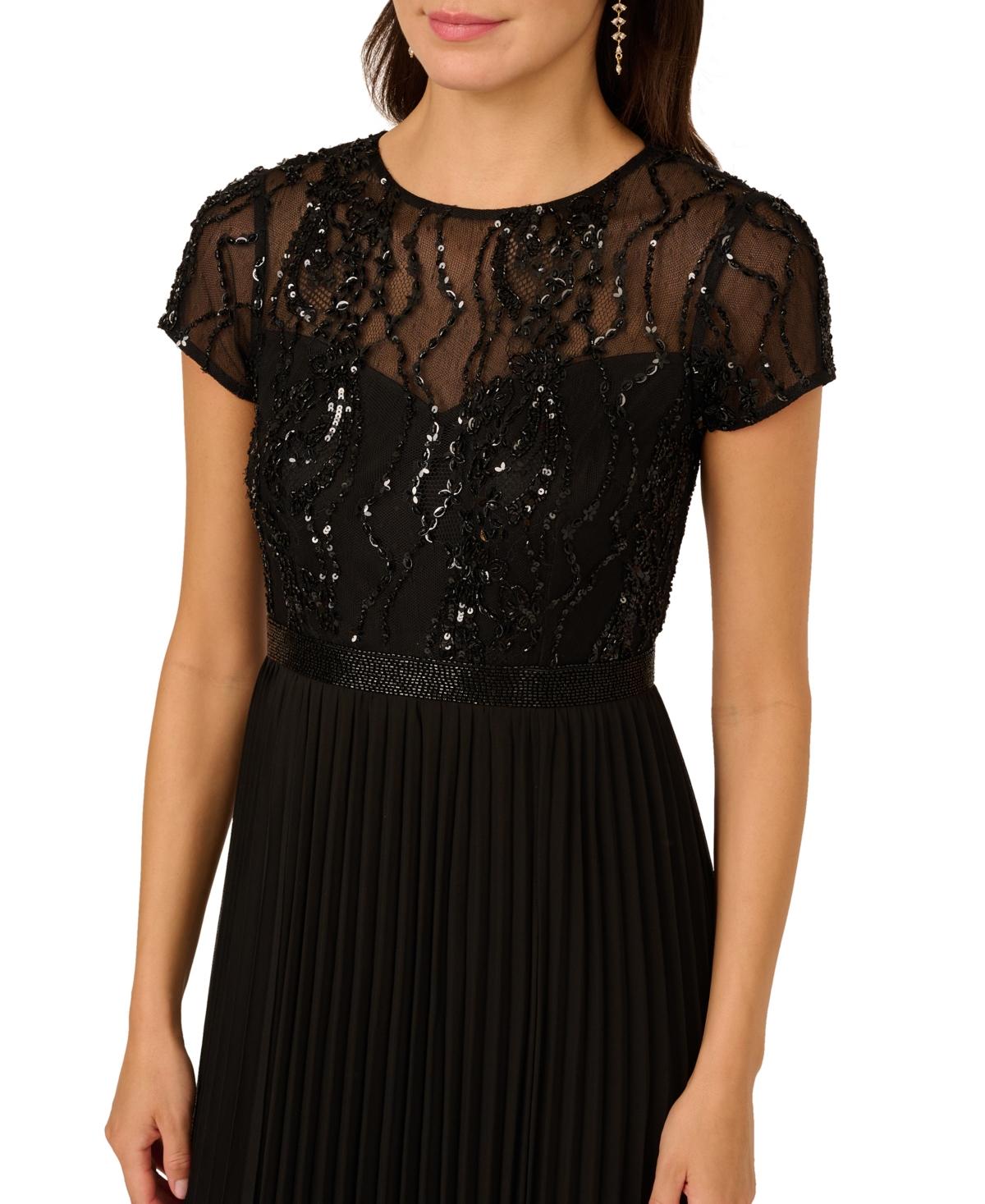 Adrianna Papell Petite Beaded Pleated Dress in Black | Lyst