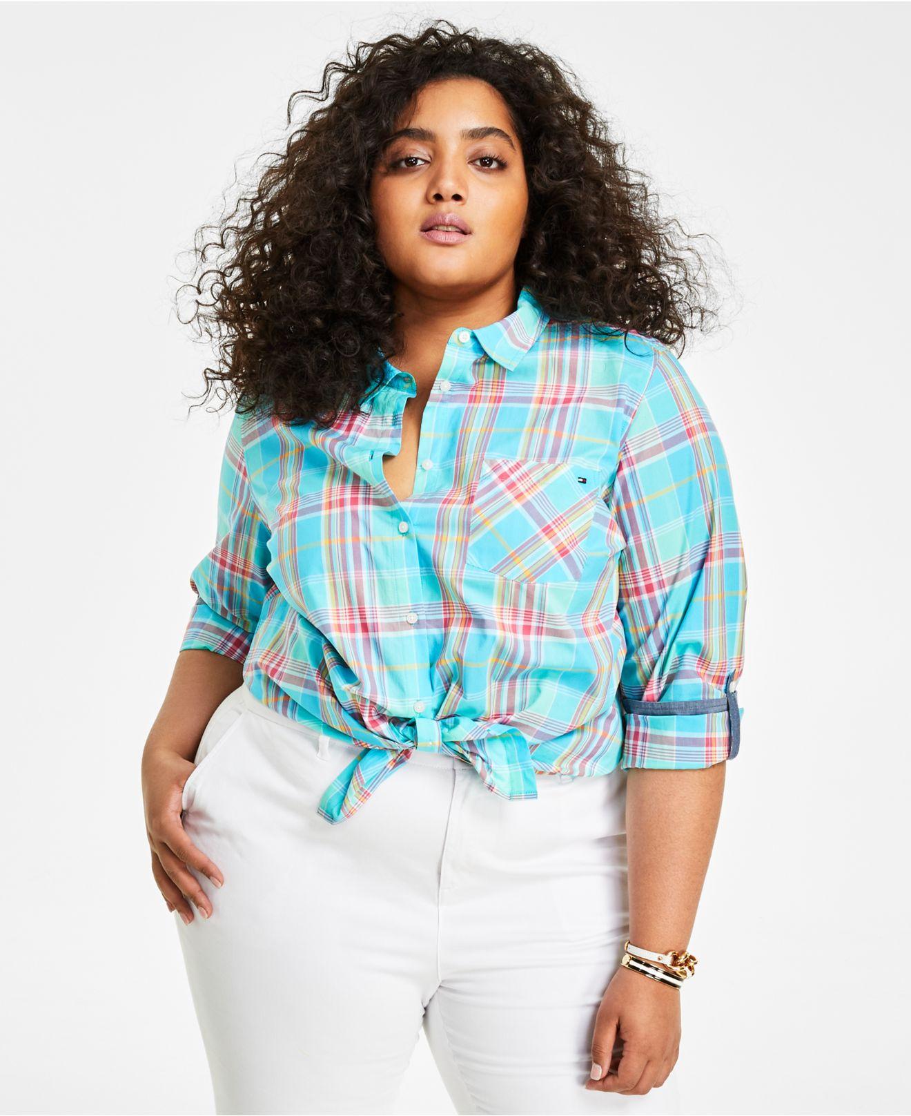 Tommy Hilfiger Plus Size Cotton Plaid Roll-tab Sleeve Button-up Shirt in  Blue | Lyst