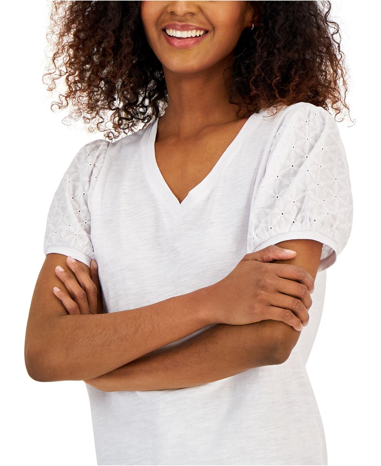 Tommy Hilfiger Short Sleeve Eyelet V neck Top in White Lyst