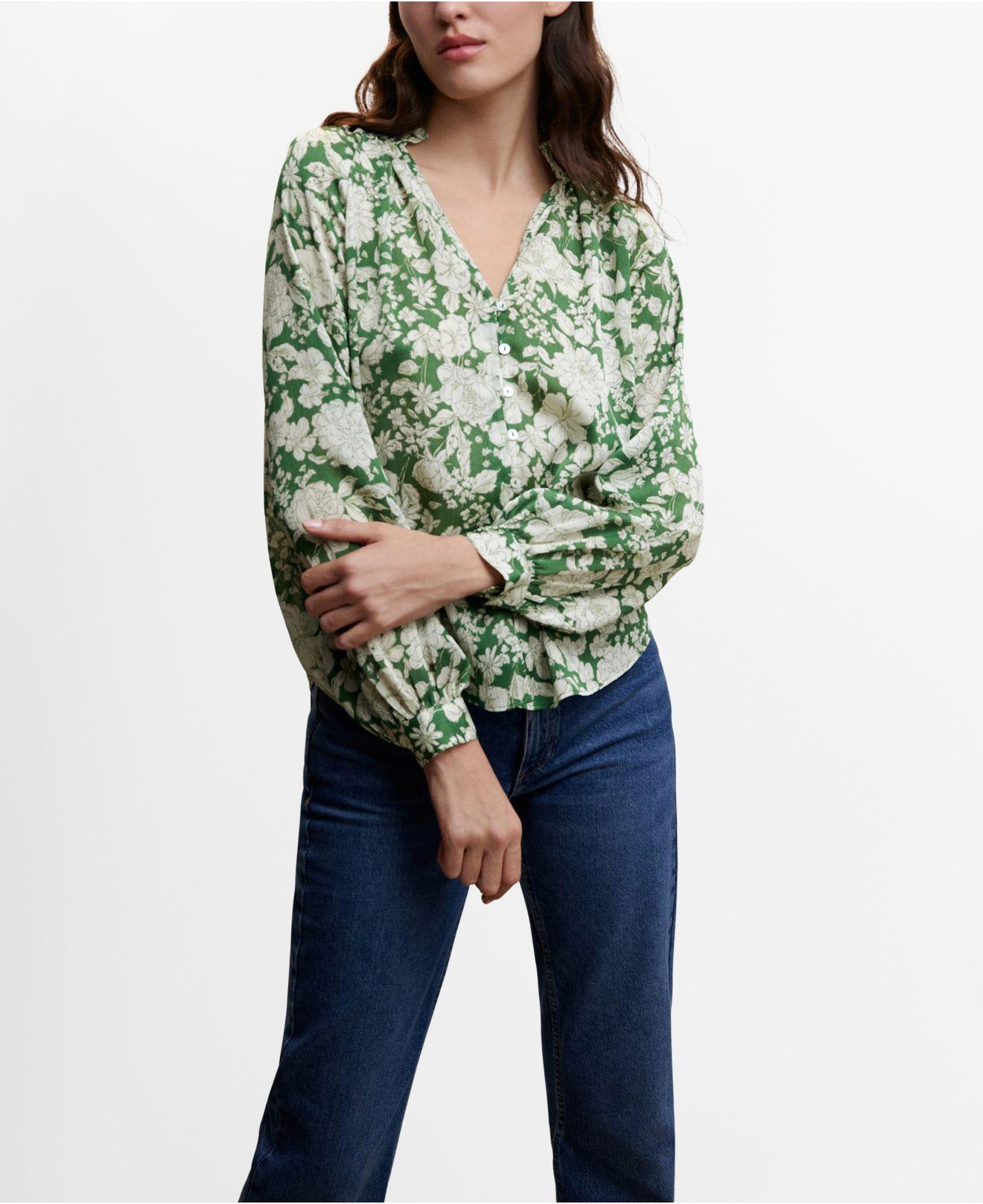 Mango Buttoned Floral Blouse in Green | Lyst