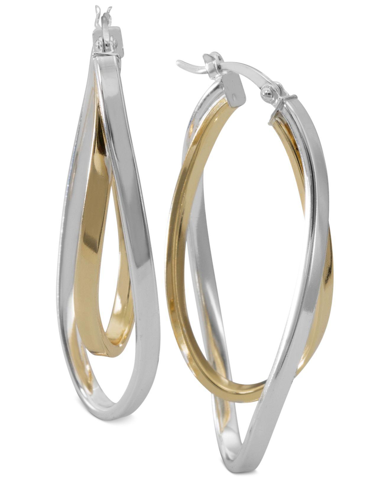 Macy's Two-tone Twisted Hoop Earrings In Sterling Silver And 14k Gold