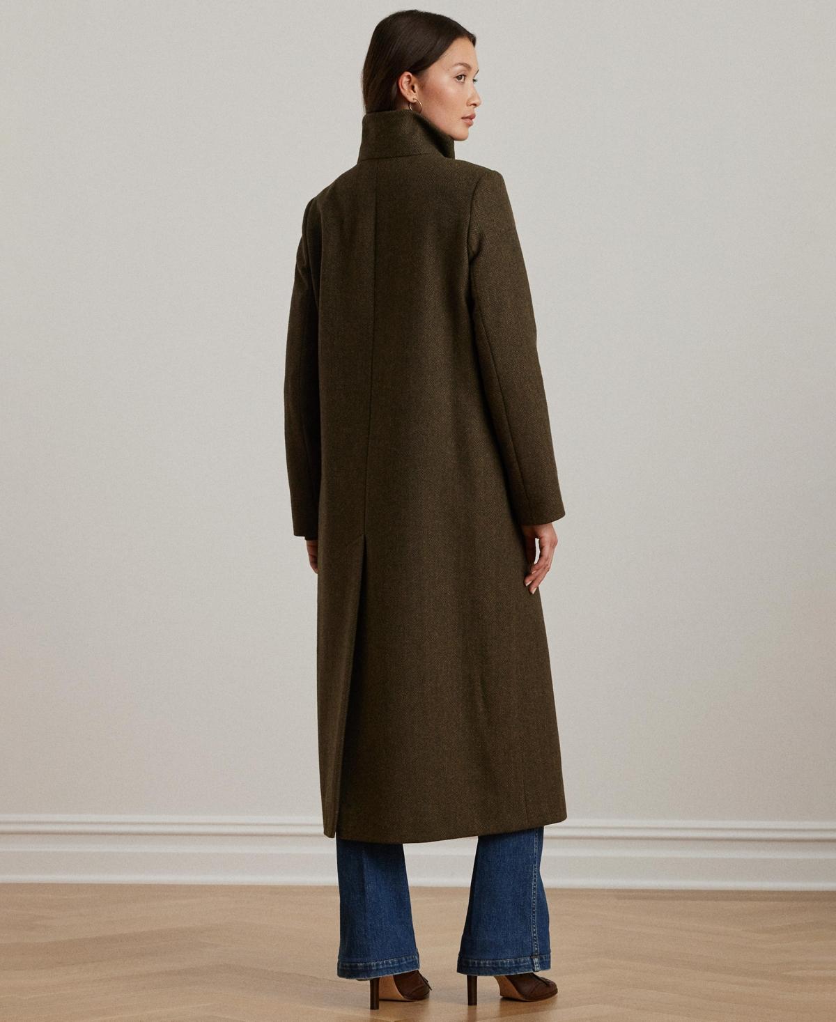 全国送料無料 Lauren Ralph Single-breasted Brown in Coat Maxi Stand-collar サロペット・オーバーオール・オールインワン