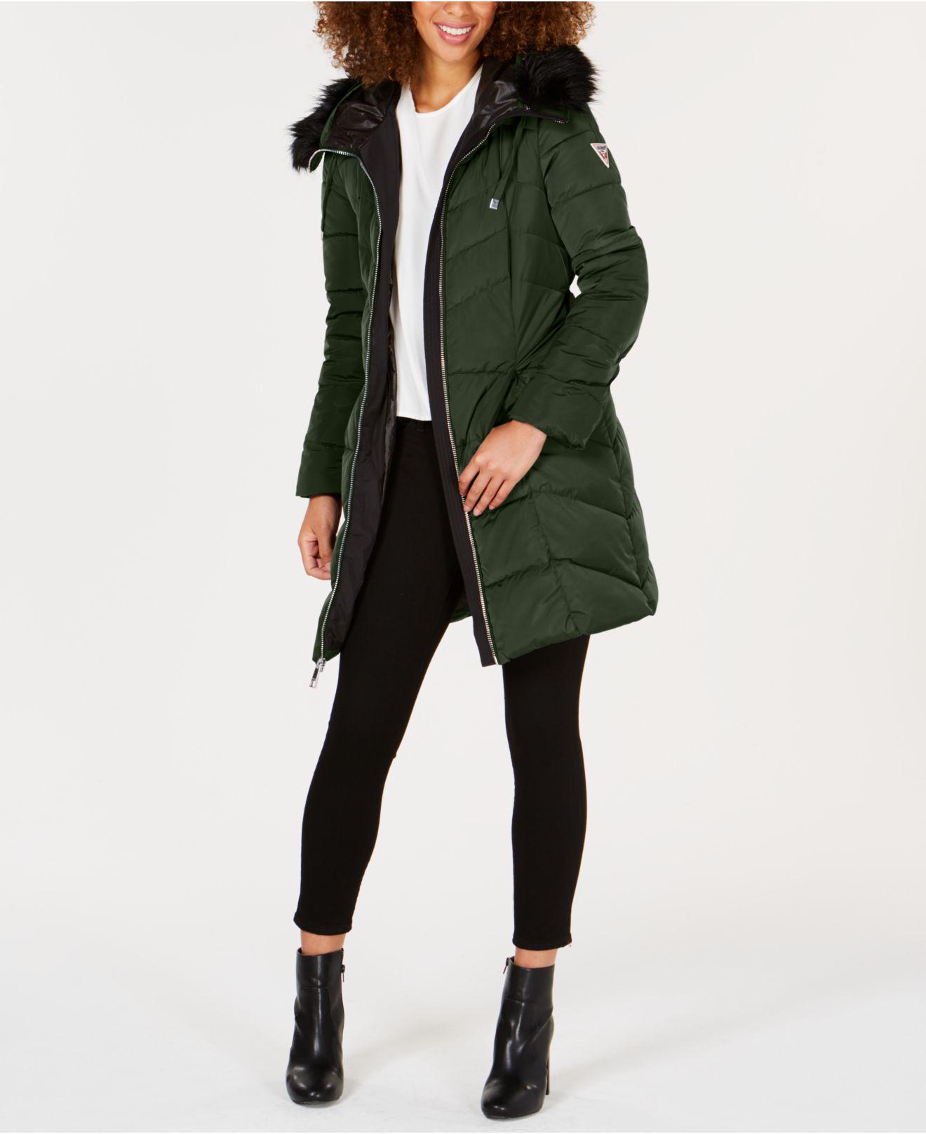 Guess Faux-fur-trim Hooded Belted Puffer Coat in Olive (Green) - Lyst