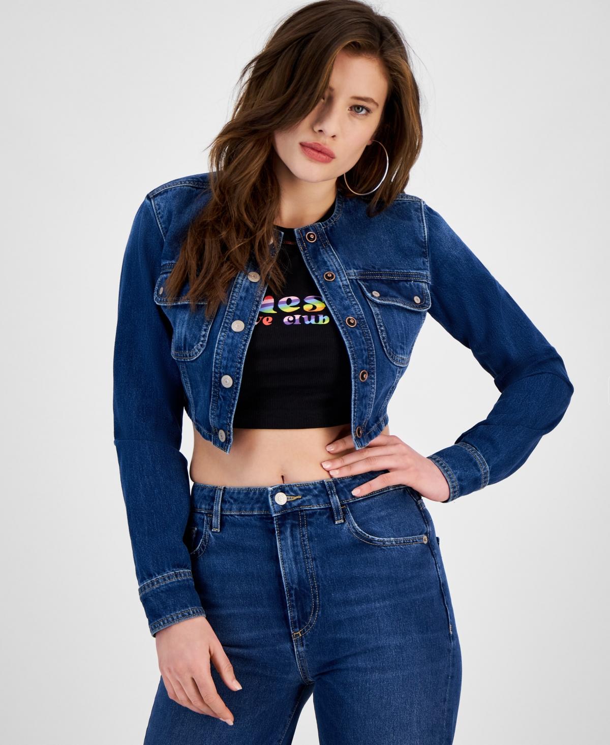 Guess Lyssa Logo back Cropped Denim Jacket in Blue Lyst