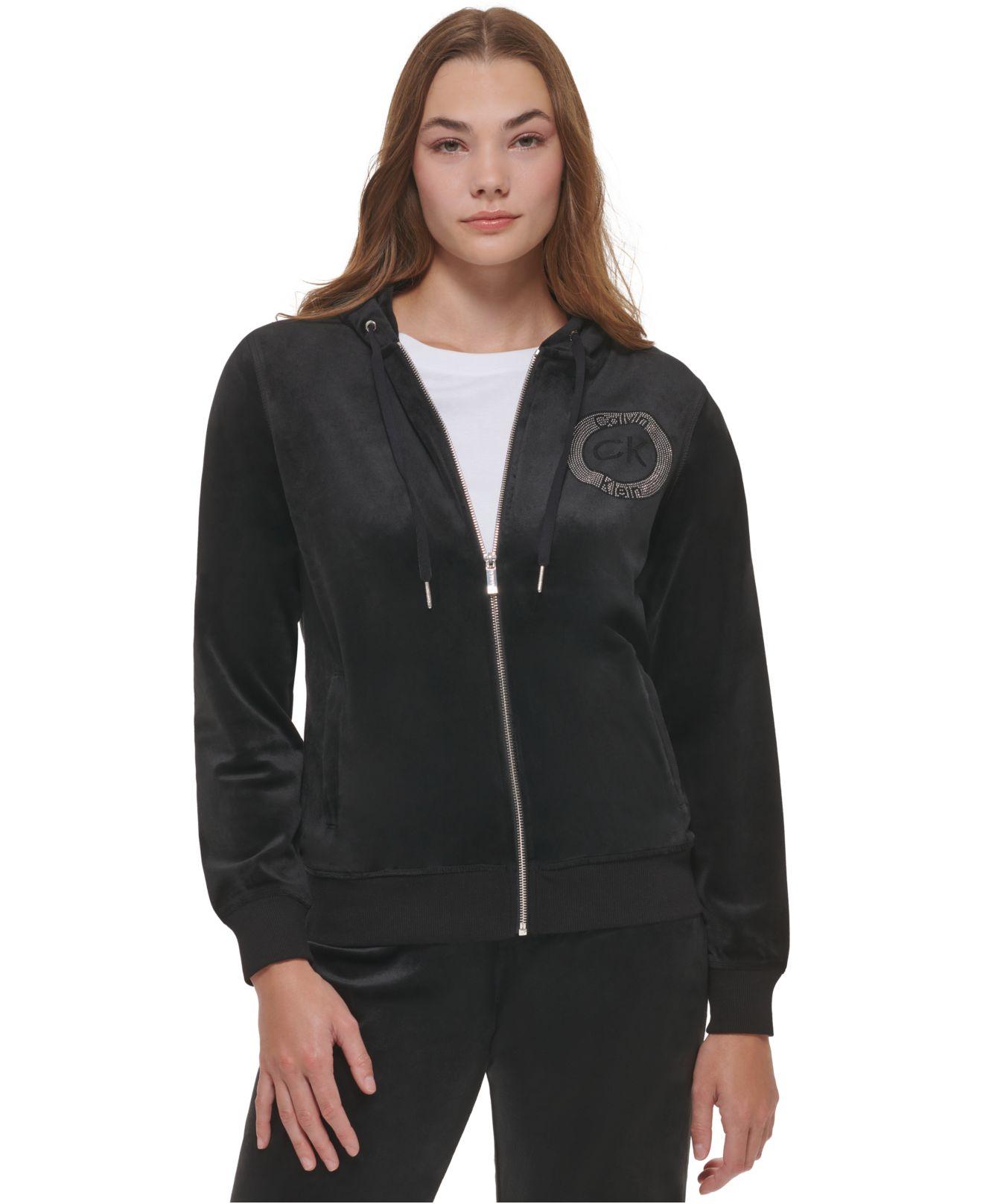Calvin Klein Velour Jacket With Crystal Logo Detail in Black | Lyst