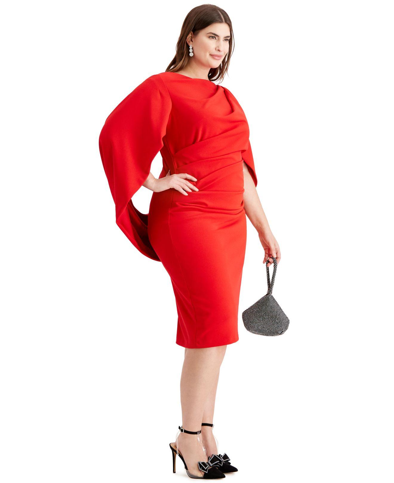 Betsy & Adam Plus Size Ruched Cape Dress in Red | Lyst