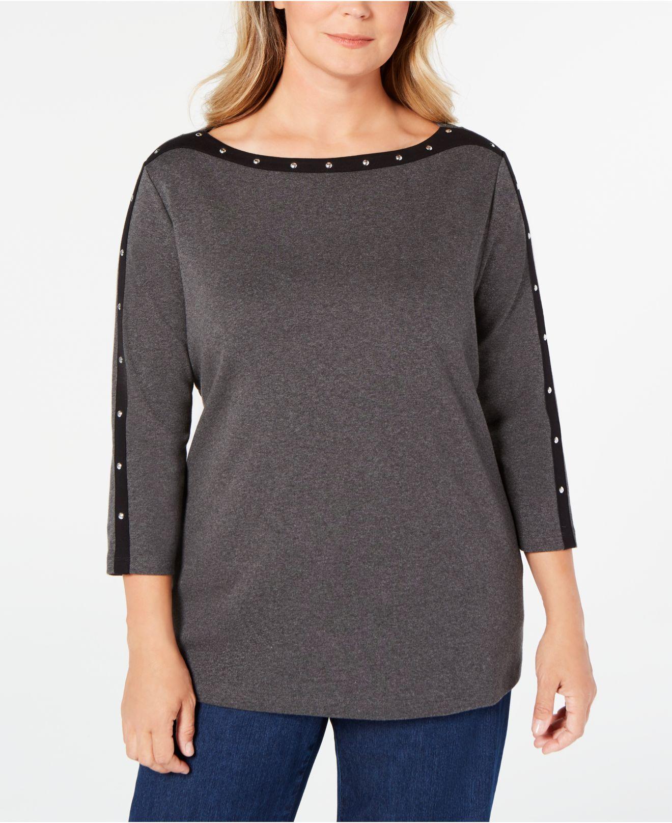 Karen Scott Plus Size Cotton Studded Boat-neck Top, Created For Macy's in Charcoal Heather (Gray 
