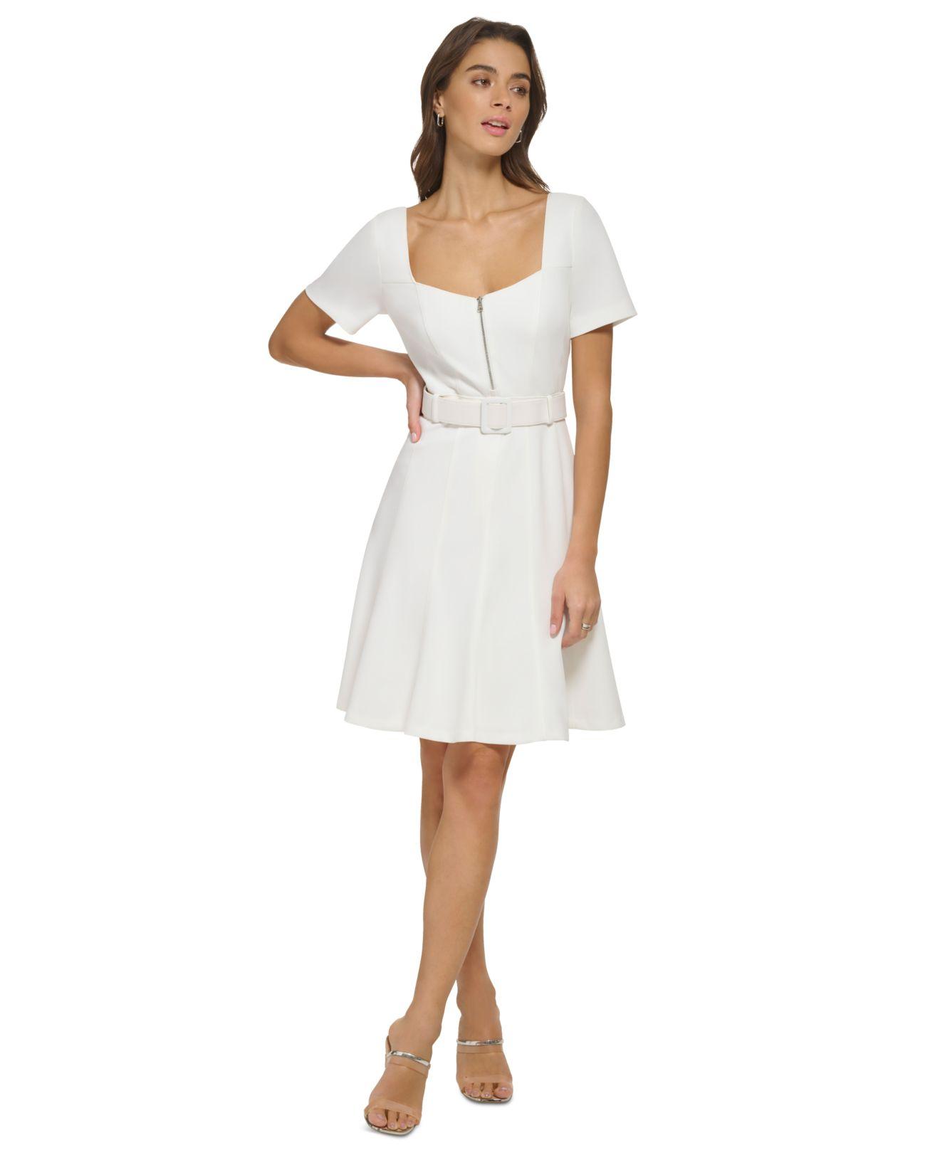 DKNY Sweetheart-neck Belted Fit & Flare Dress in White | Lyst