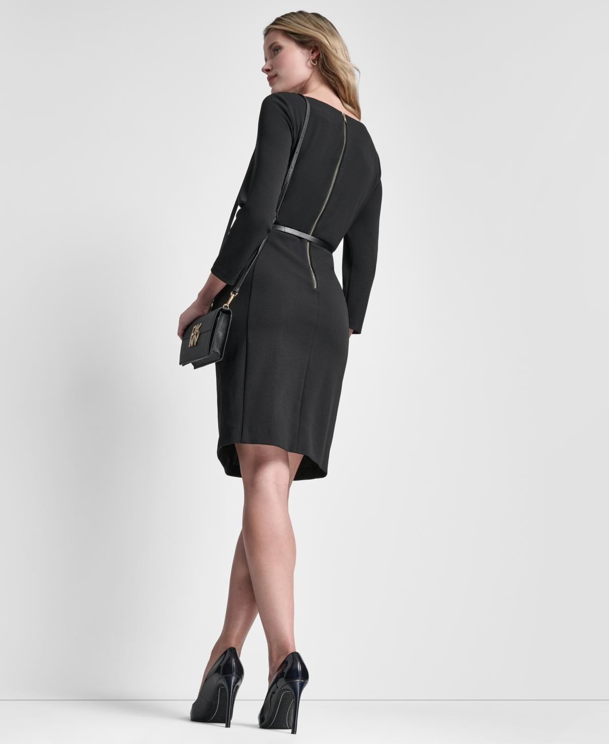 DKNY 3/4 Sleeve Asymmetric Neck Sheath Dress in Black | Lyst