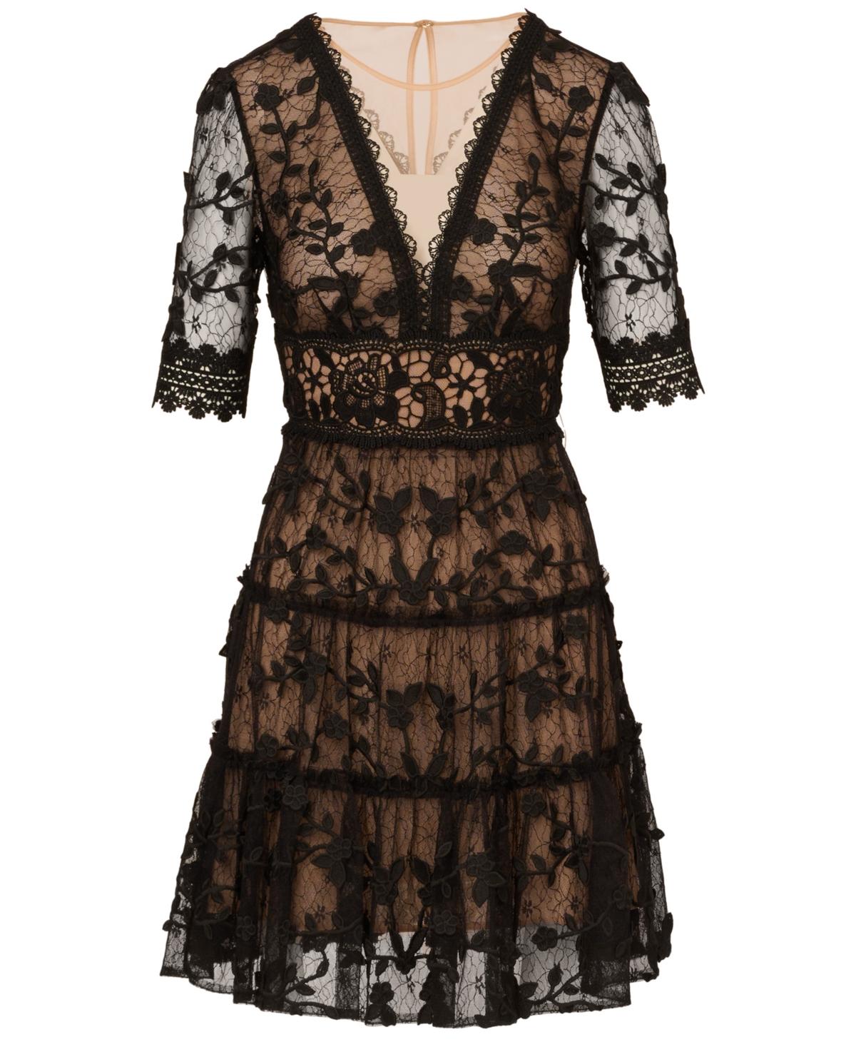 Adrianna Papell V-neck Lace Embroidery Dress in Black