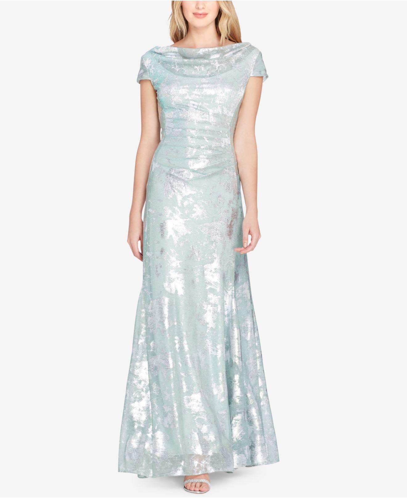 Cowl-neck Metallic Cap-sleeve Gown 