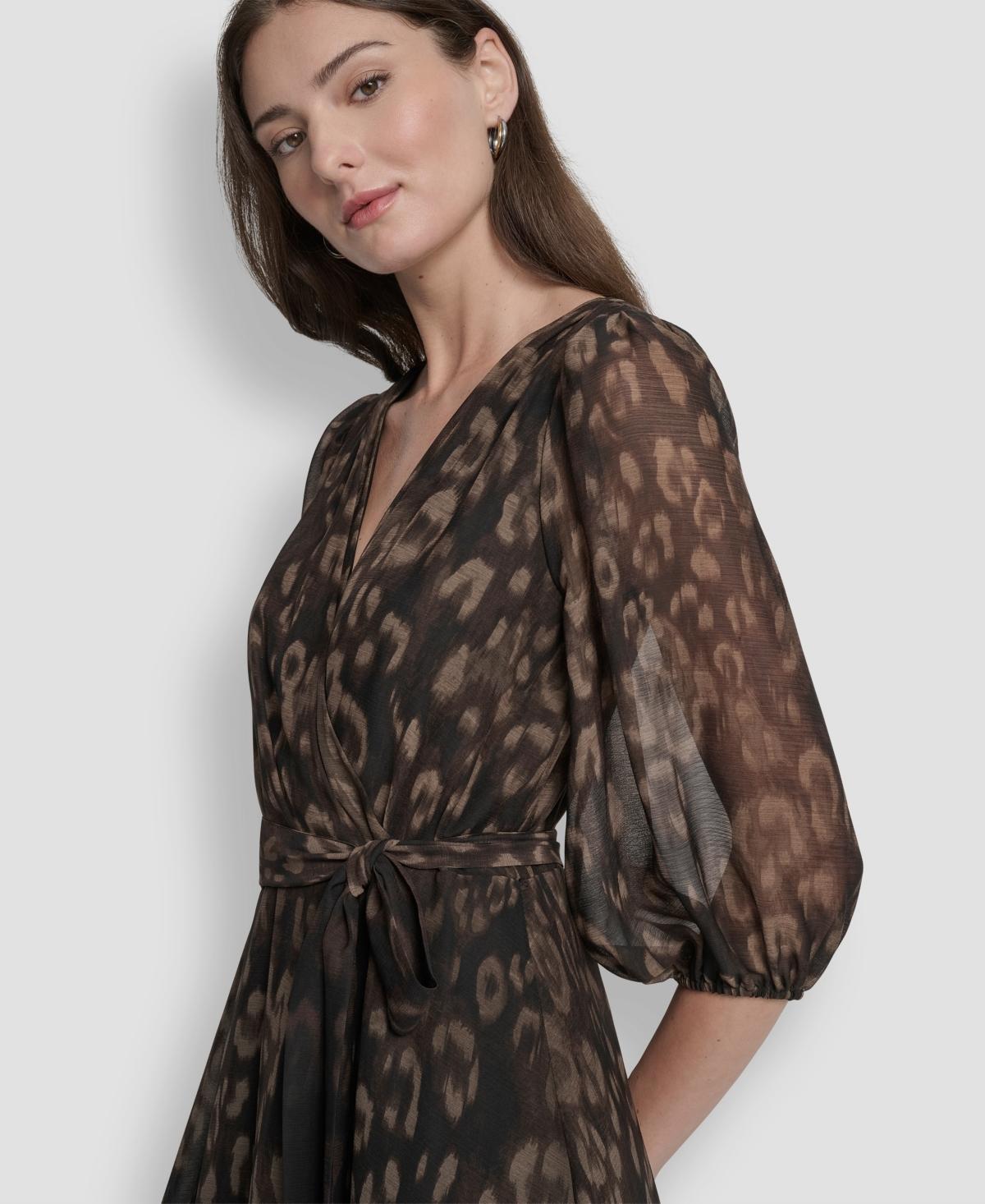 DKNY Women's Puff Sleeve Faux Wrap Mini Dress - V-Neck, Fit And Flare, Day To Night Style