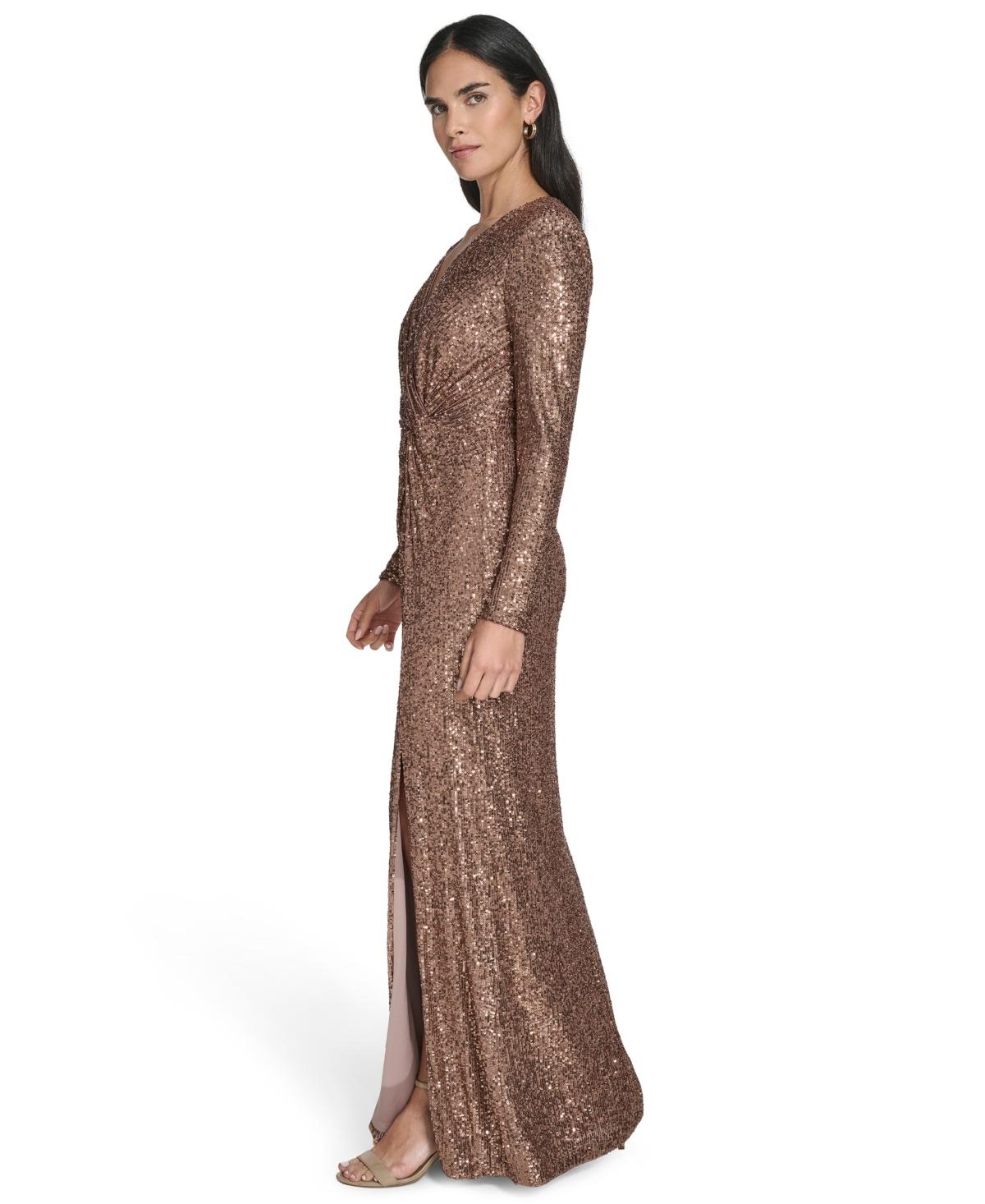 Jessica Howard Petite Twist Front Long-sleeve Gown in Brown | Lyst