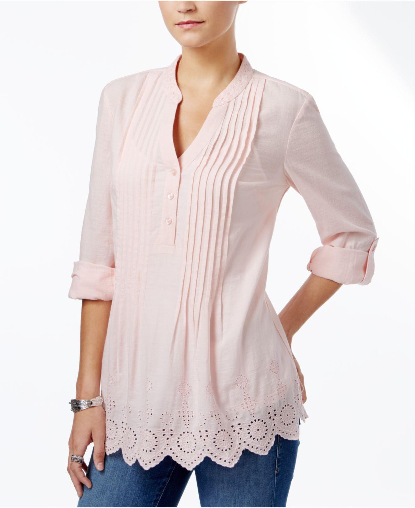 Lyst - Style & Co. Cotton Pleated Eyelet-hem Top in Pink