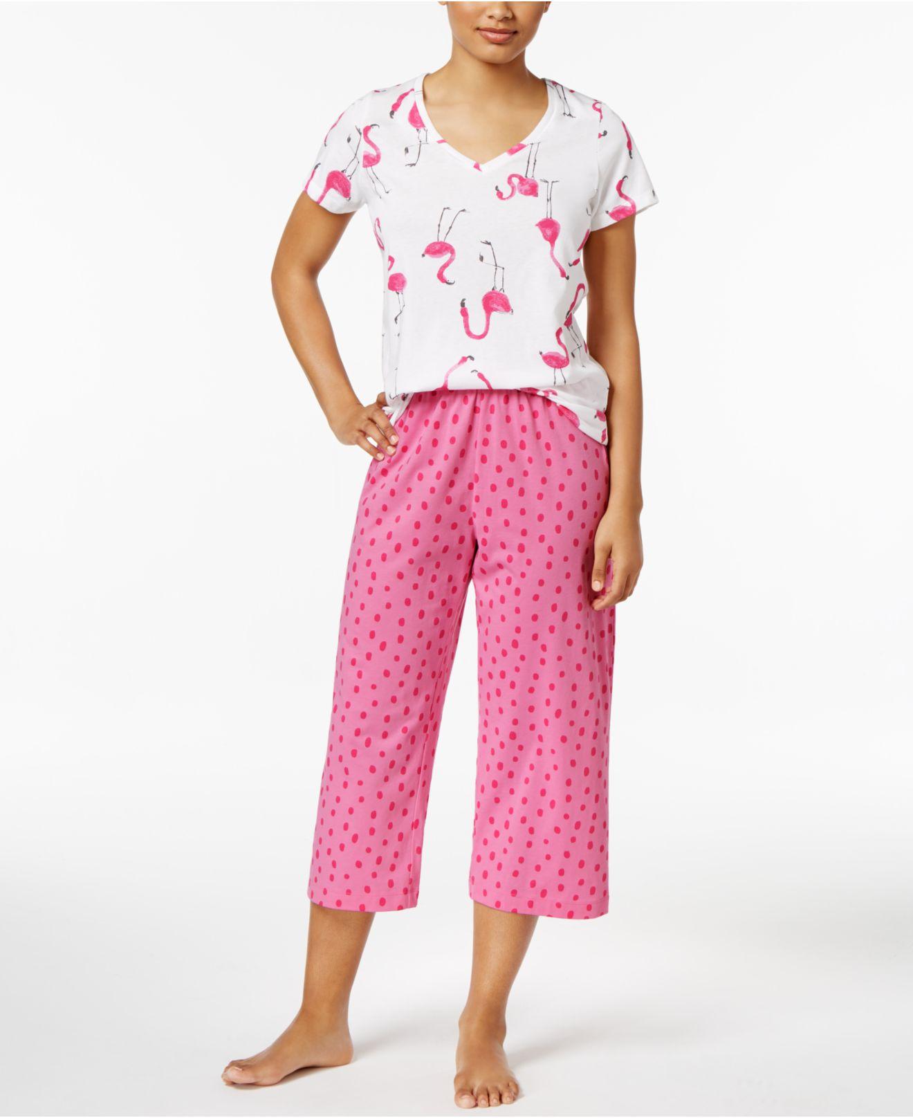 Lyst - Hue V-neck Flamingo Top And Cropped Pants Knit Pajama Set in White