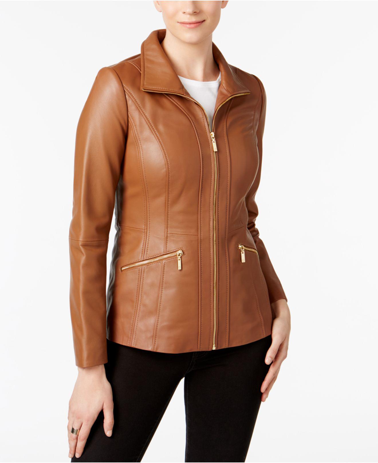 Anne Klein Scuba Leather Jacket in Brown - Lyst