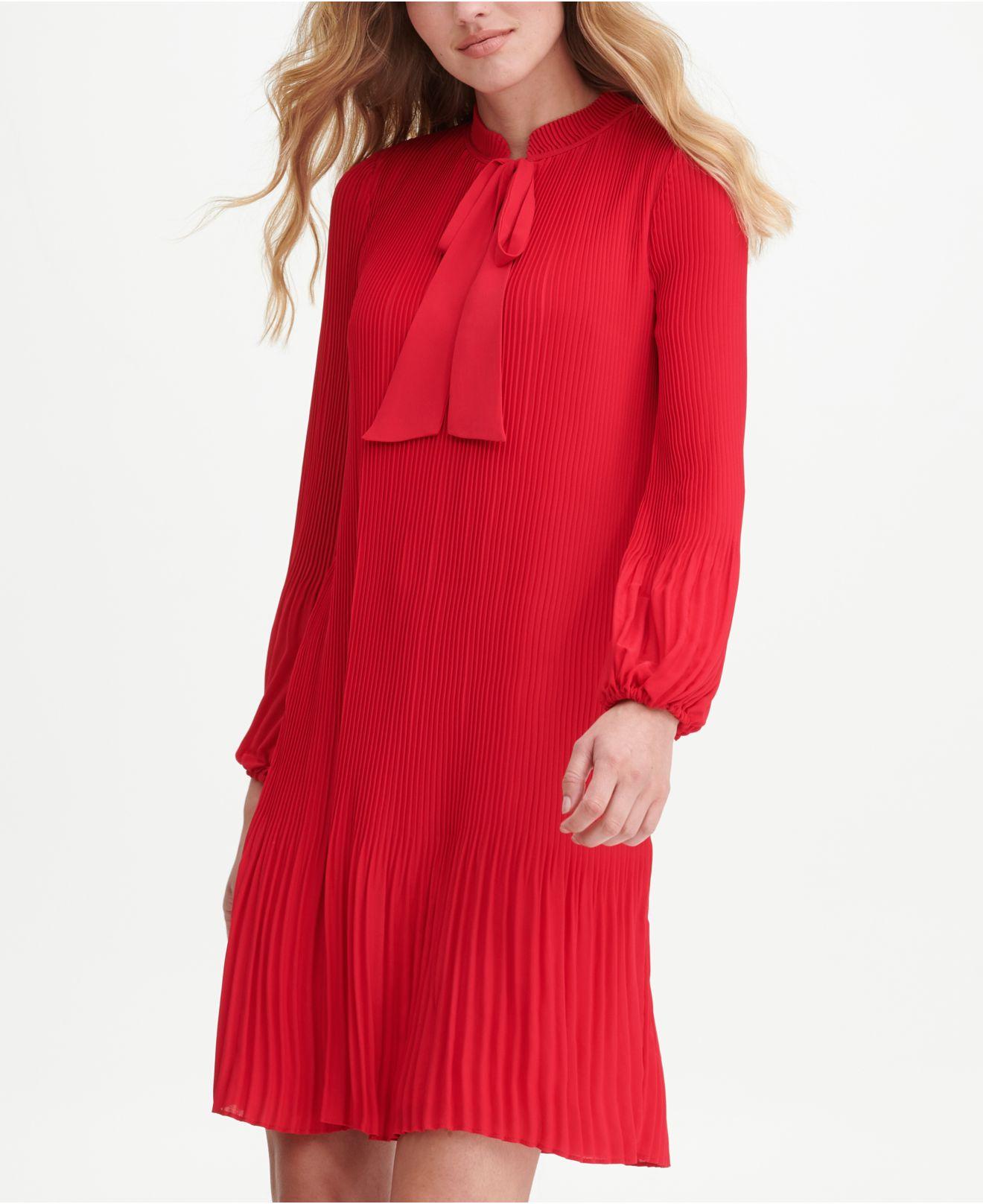 DKNY Long Sleeve Tie Neck Pleated Shift Dress in Red | Lyst