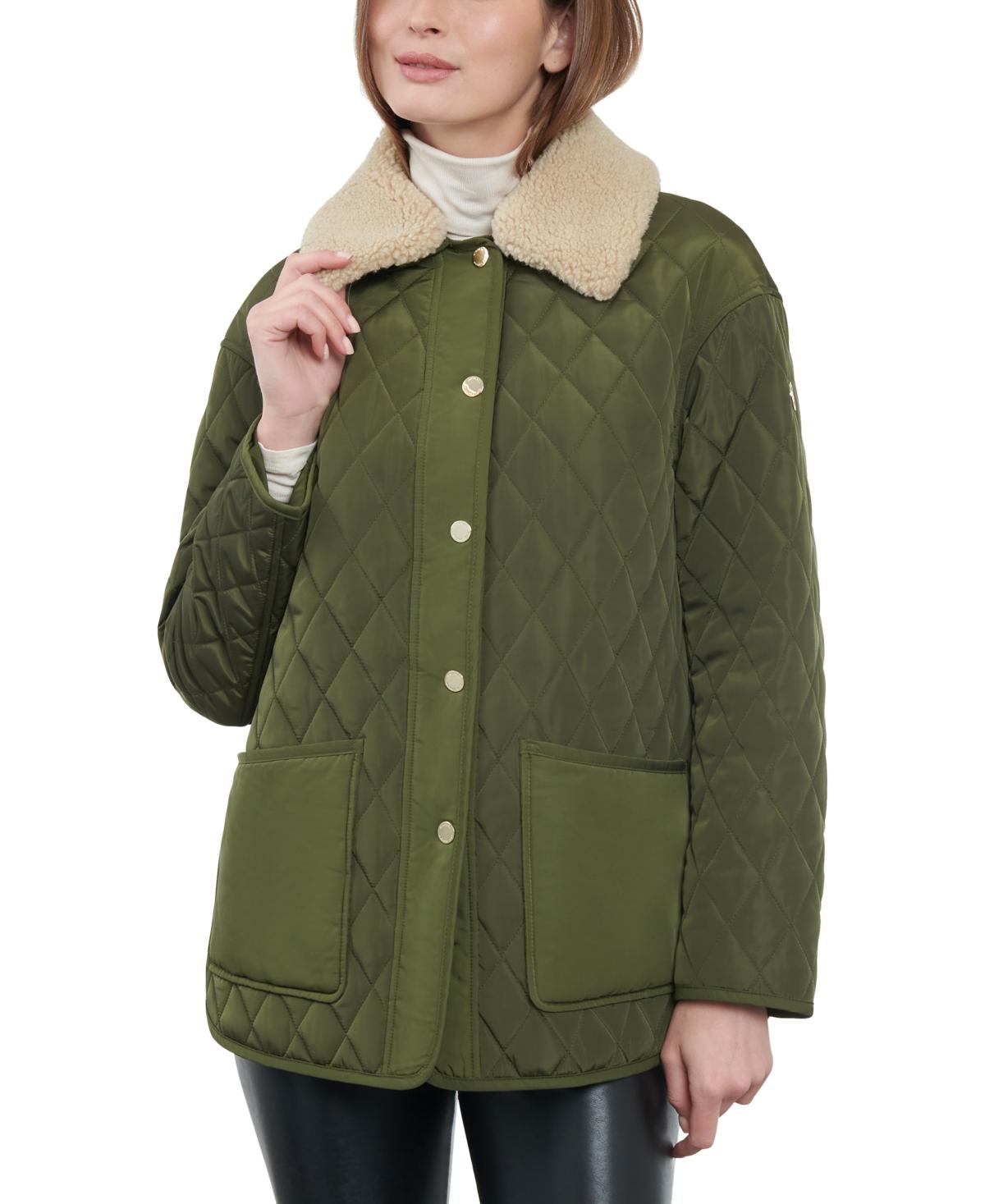 Michael Kors Faux-sherpa-collar Quilted Coat in Green | Lyst