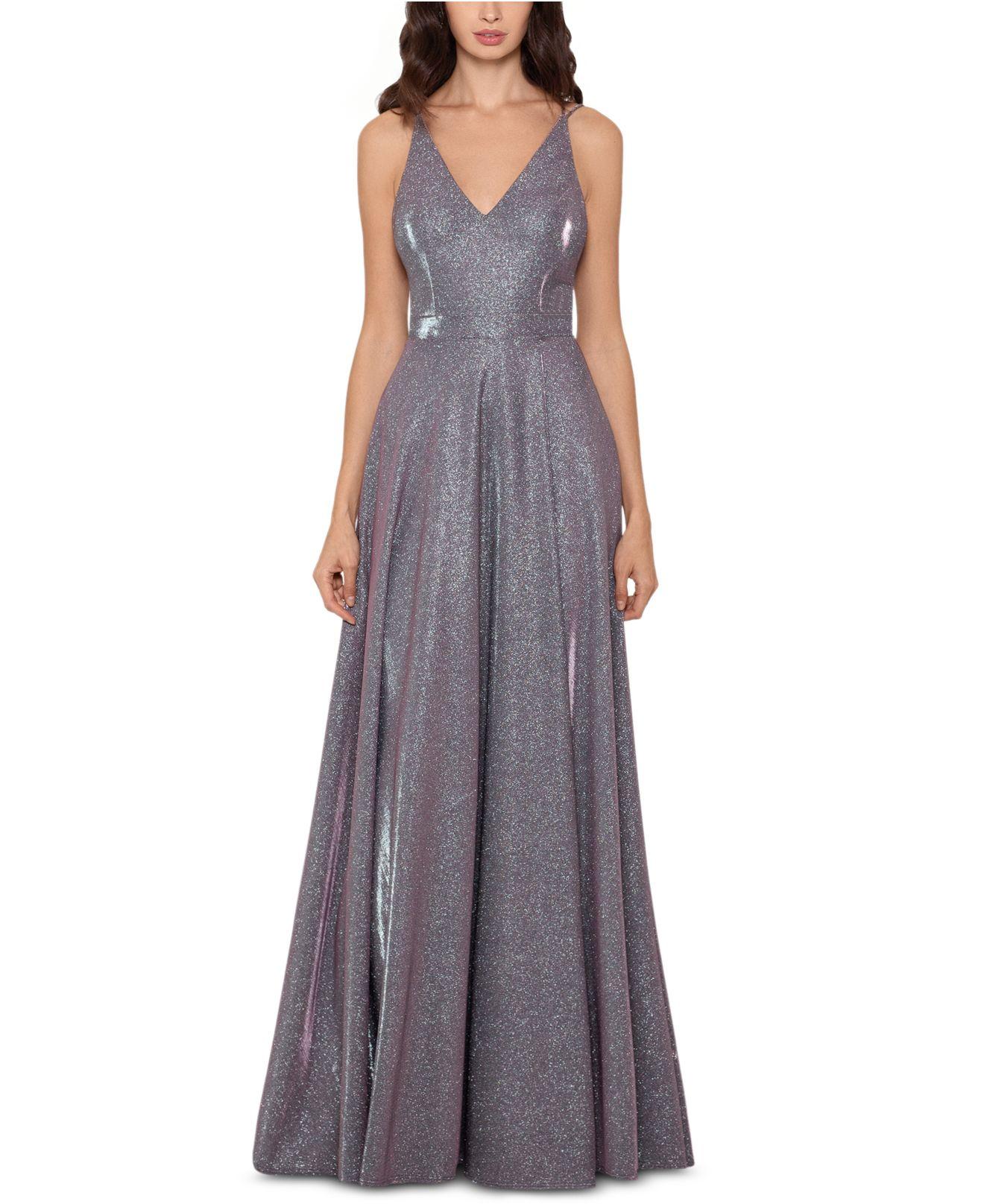 xscape off the shoulder glitter gown