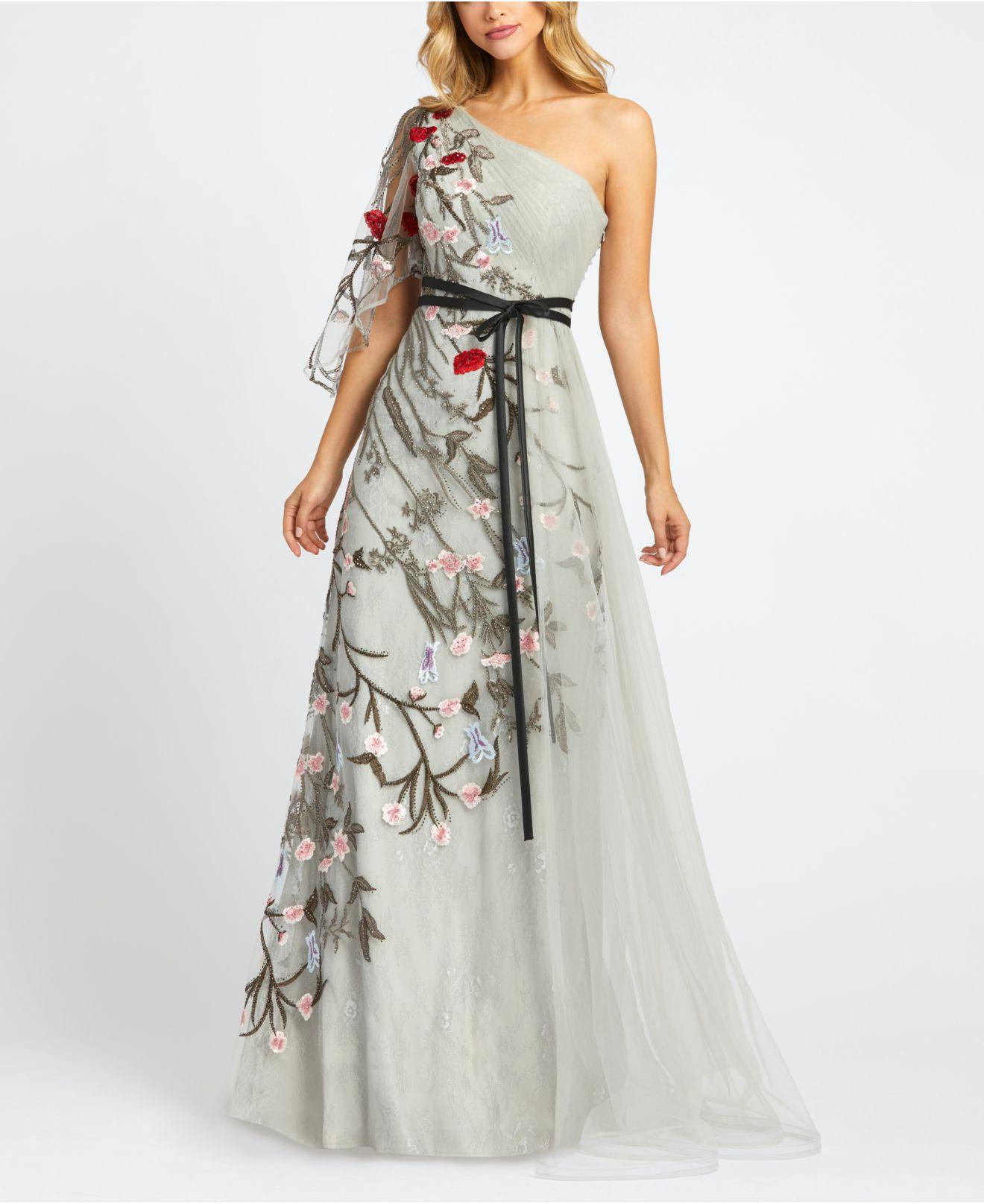 mac duggal embellished mesh gown