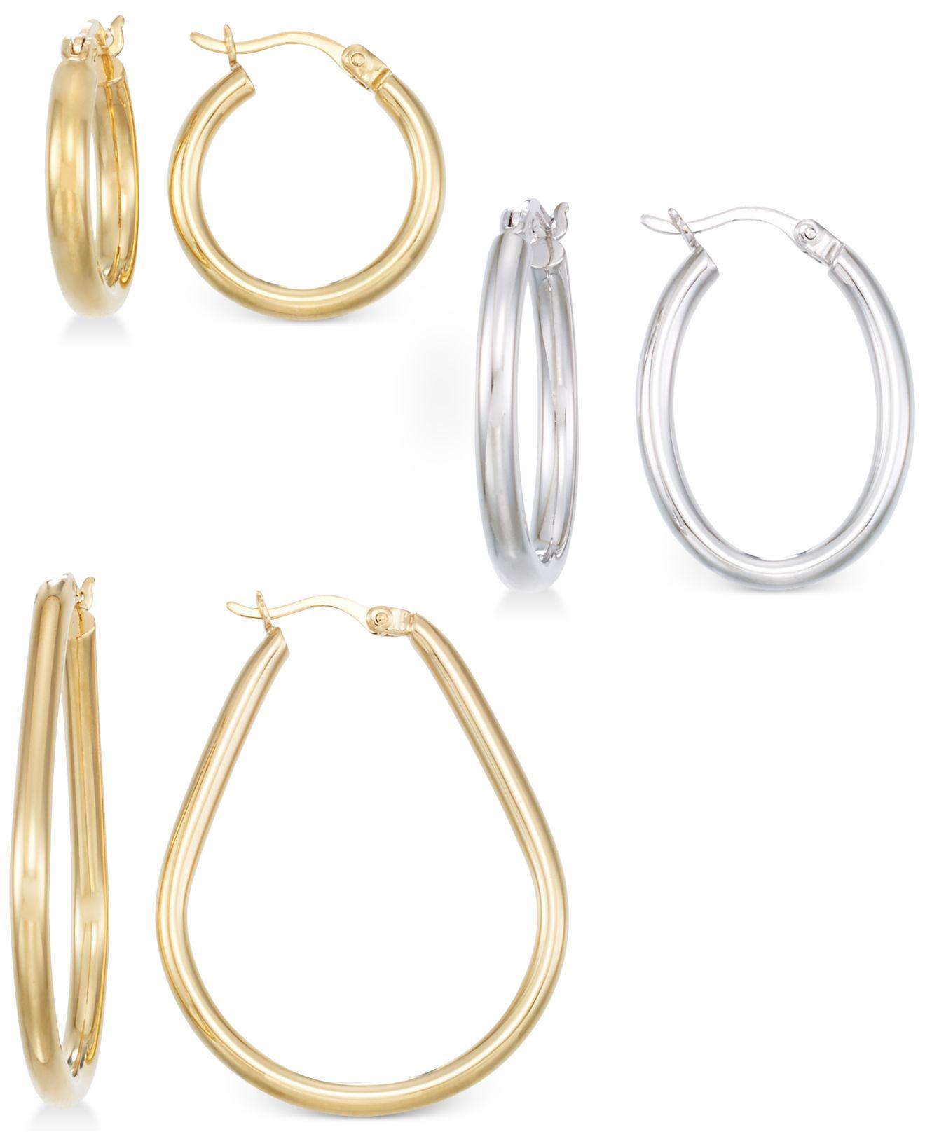 Macy's Set Of Three Hoop Earrings In 14k Gold, White Gold And Rose Gold