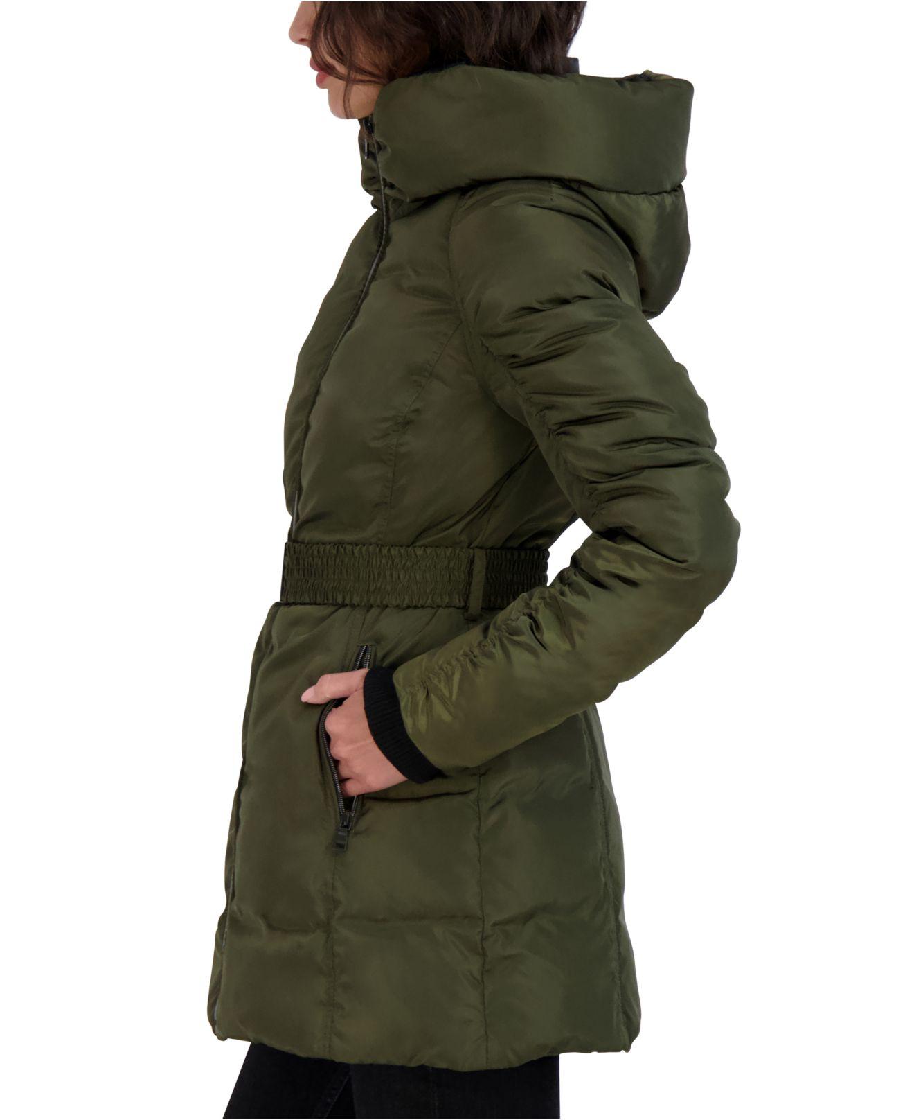 Laundry by Shelli Segal Belted Hooded Puffer Coat in Green | Lyst