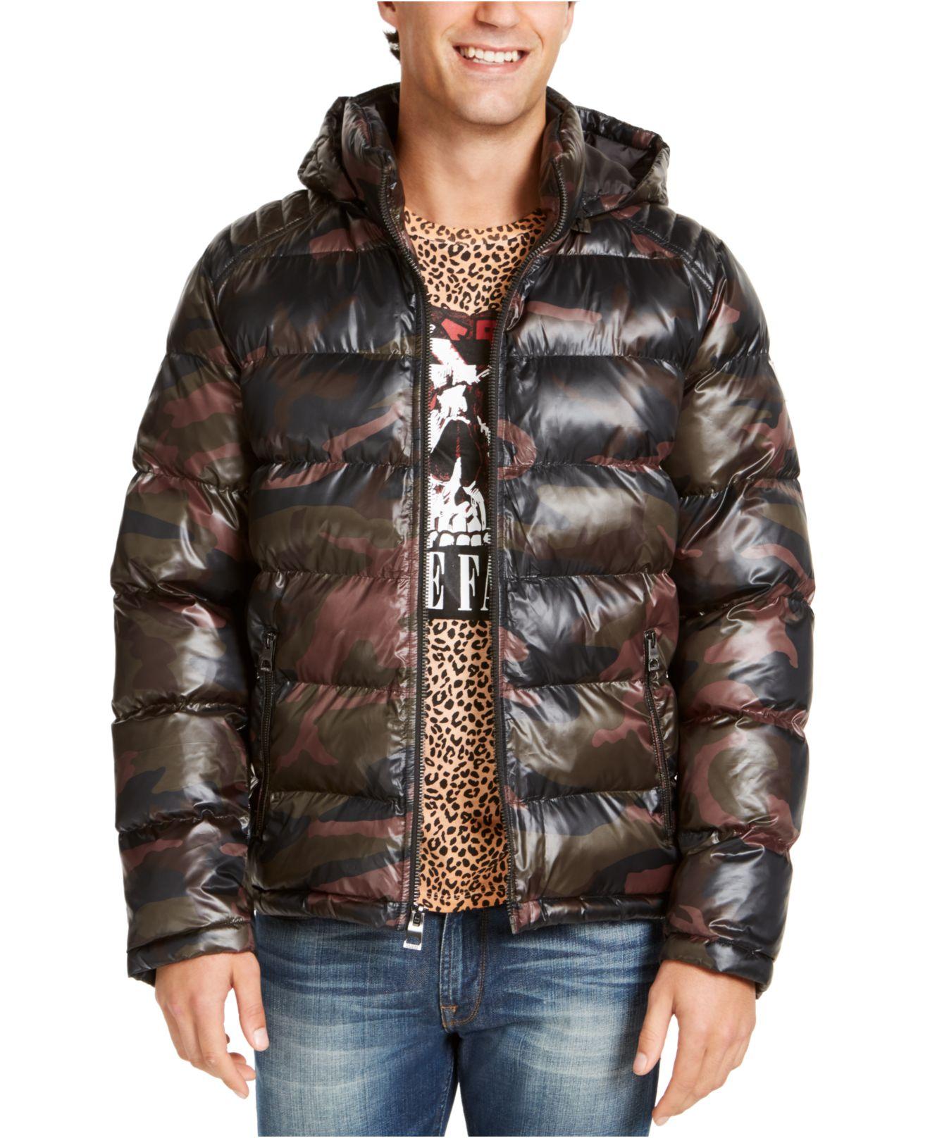 Guess Synthetic Hooded Puffer Coat in Camo Olive (Black) for Men Lyst